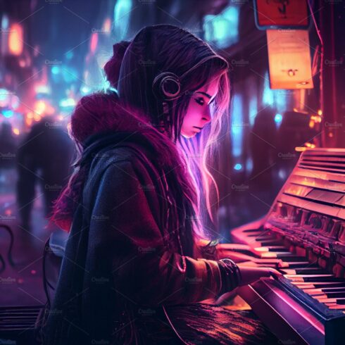 Girl playing on an old piano in street at night. Joyful Street musician girl. cover image.