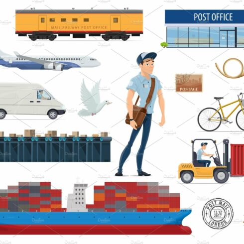 Post mail delivery and postman vector flat icons cover image.