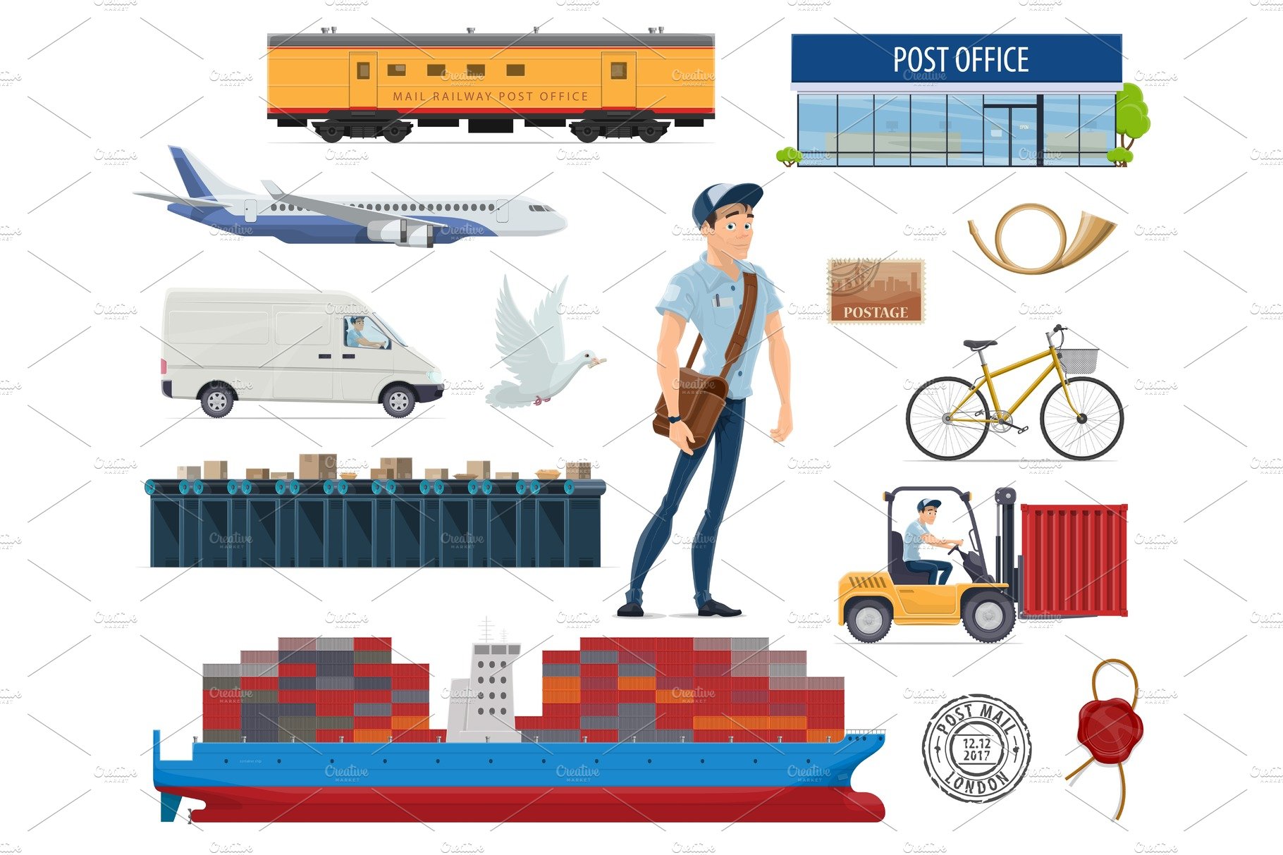 Post mail delivery and postman vector flat icons cover image.