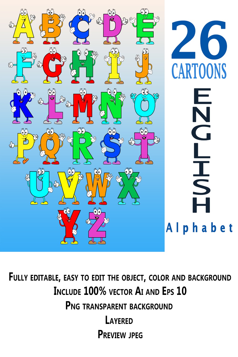 26 English Alphabet Cartoon Characters pinterest preview image.