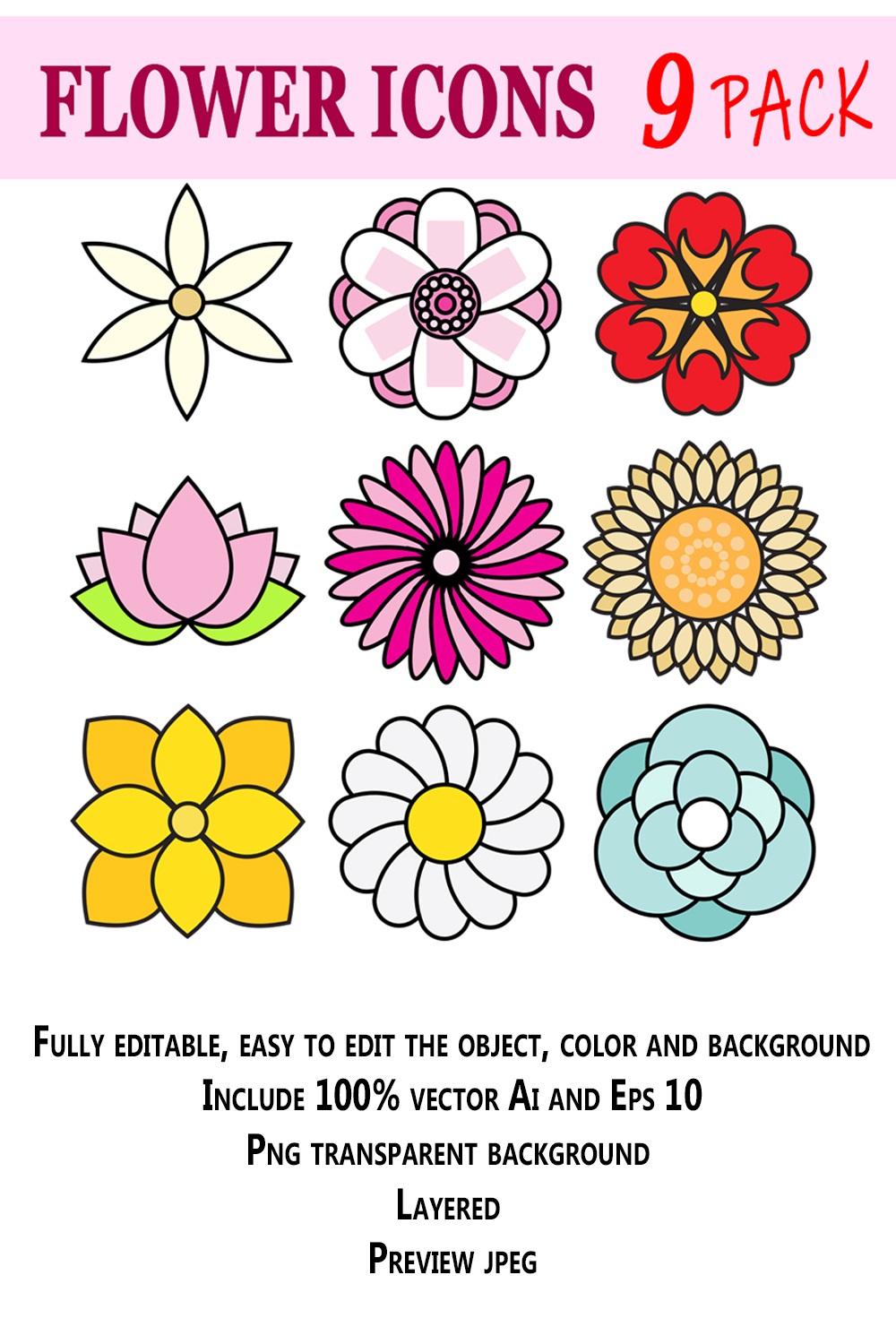 Cute 9 Flowers Icon Set pinterest preview image.