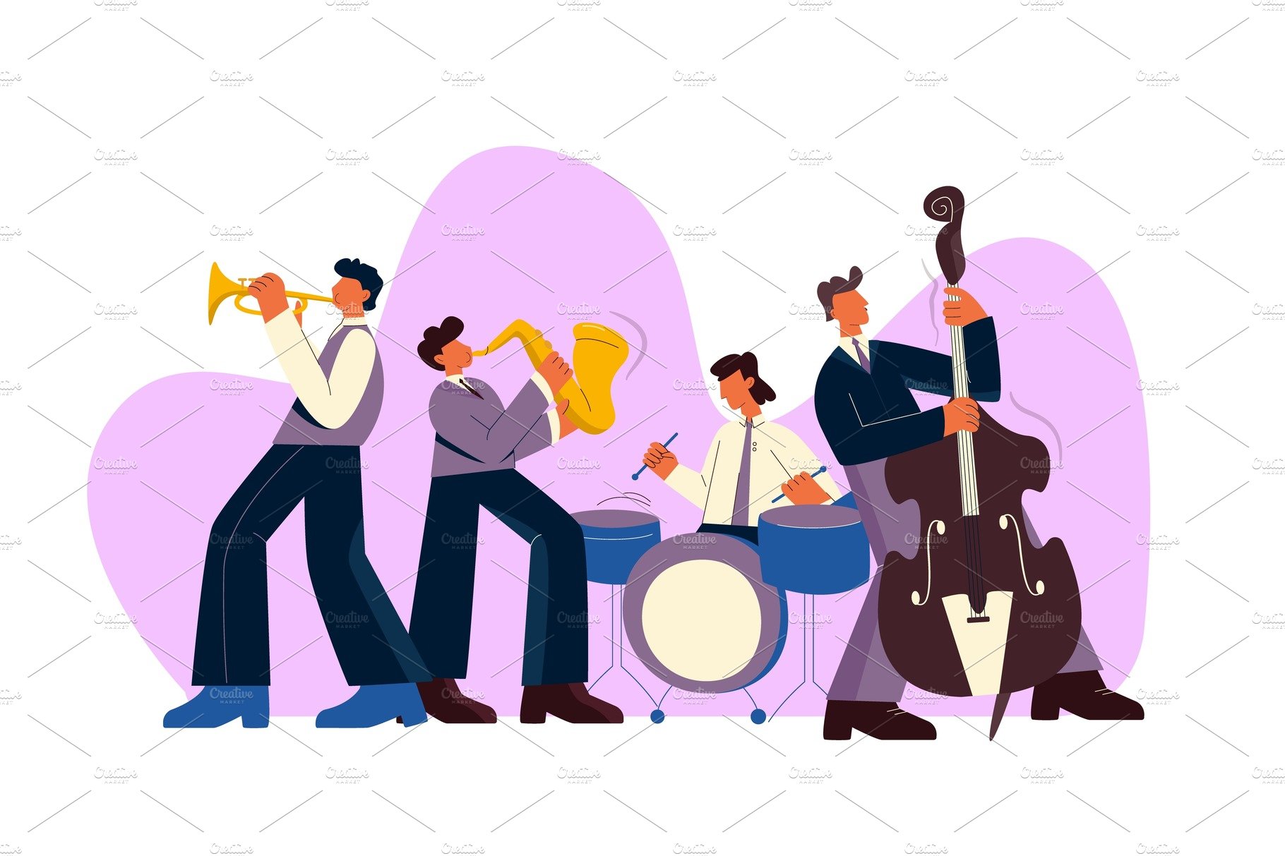 Cartoon jazz band play music on cover image.