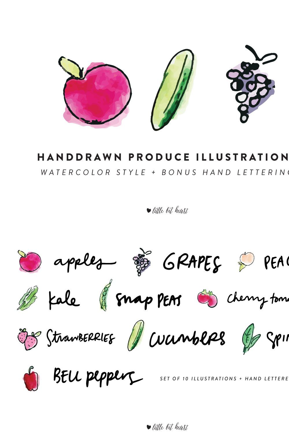 10 Handdrawn Produce Illustrations pinterest preview image.