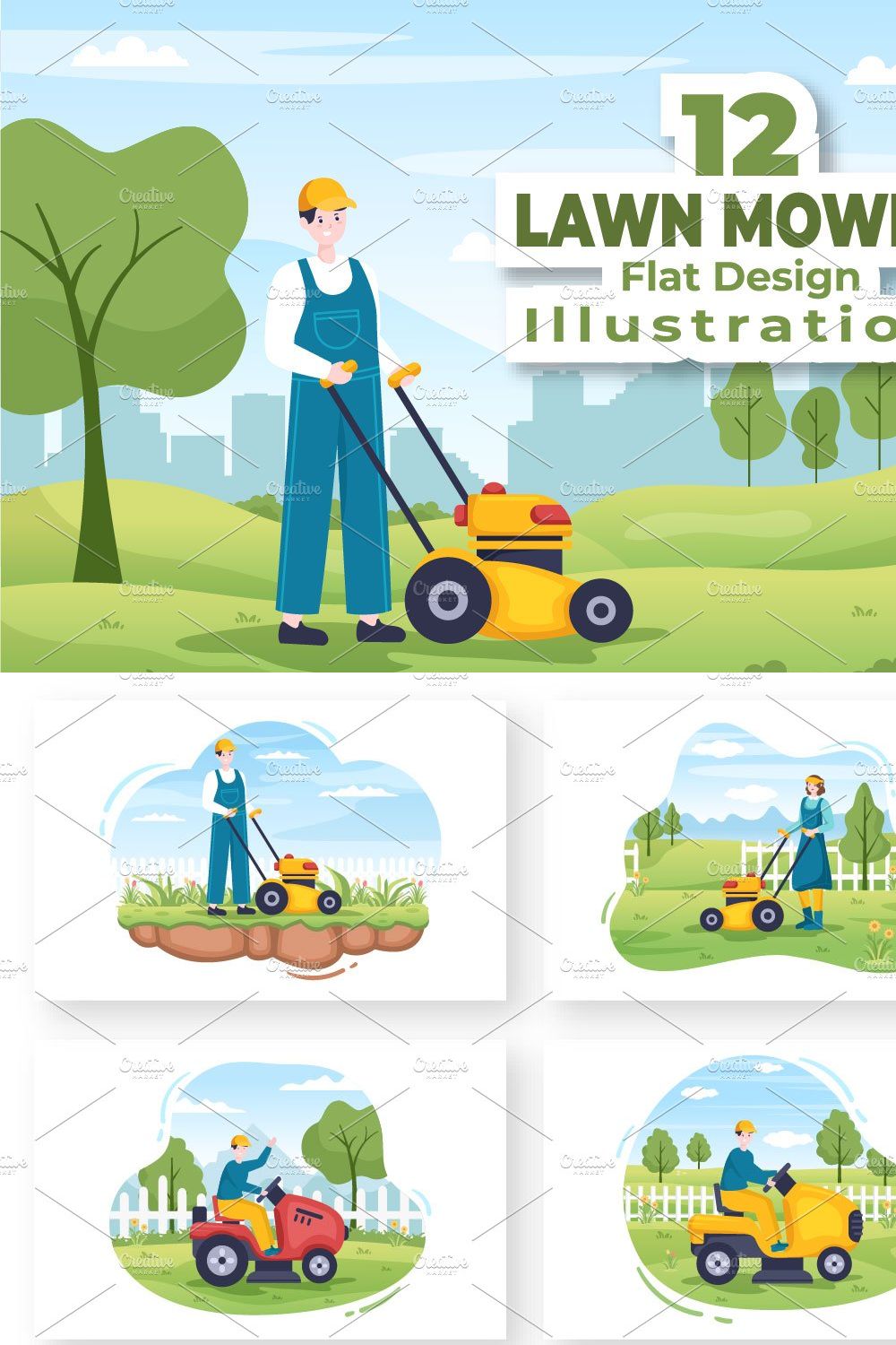 12 Lawn Mower Illustration pinterest preview image.