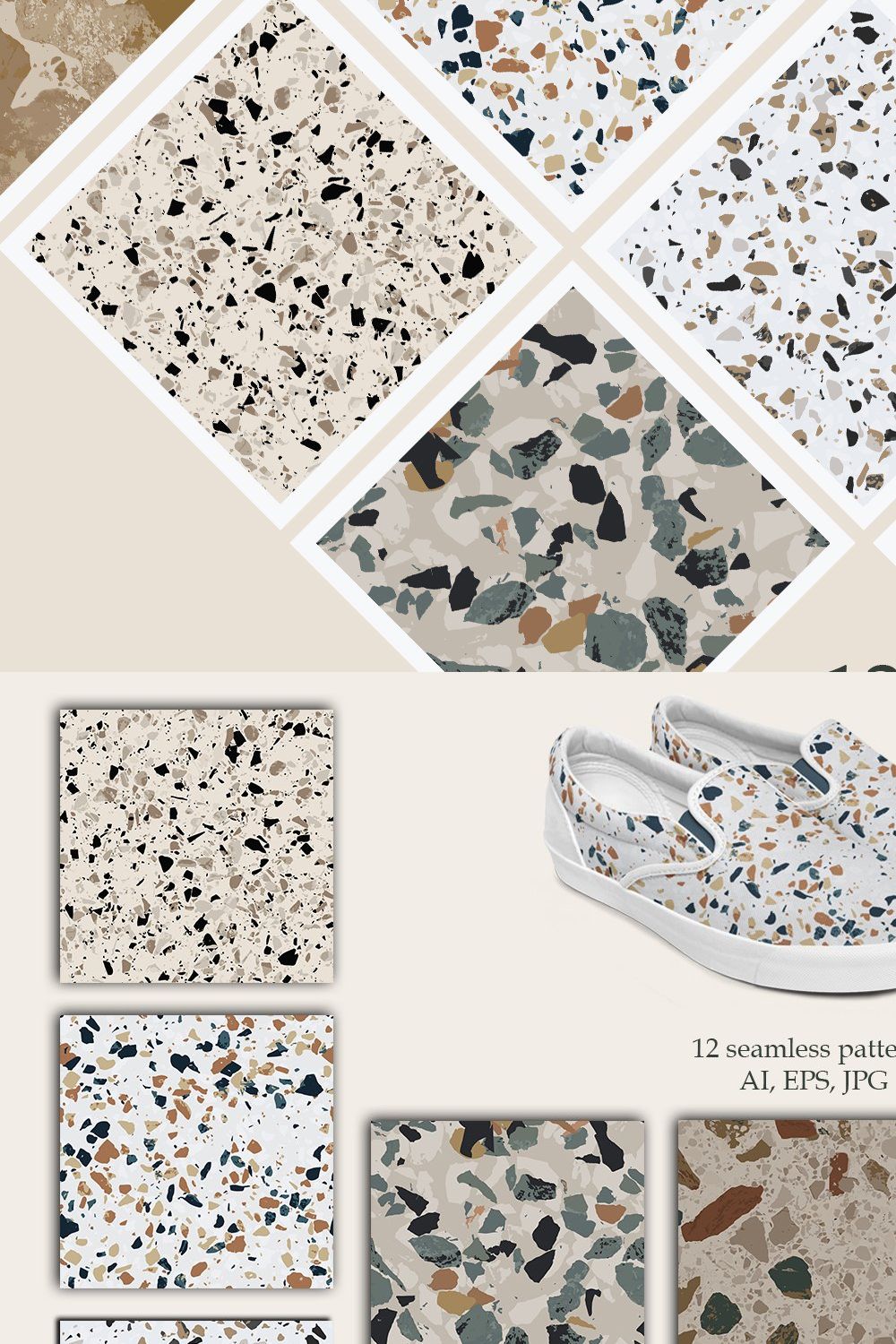 12 Terrazzo Seamless Patterns pinterest preview image.