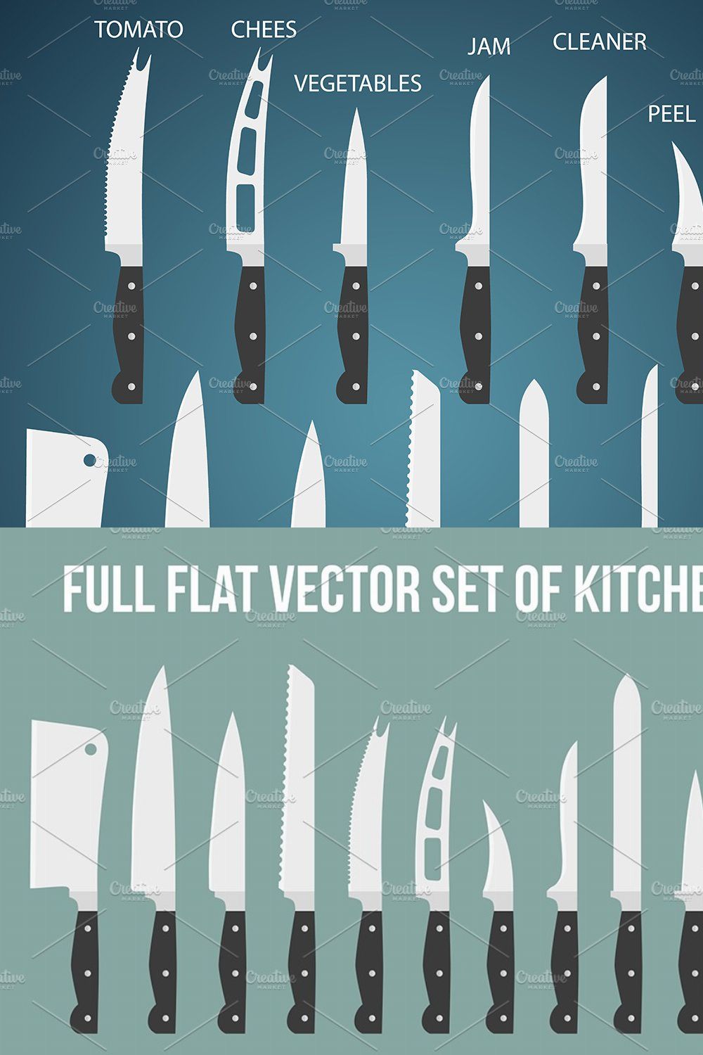 13 Flat Kitchen knives with function pinterest preview image.