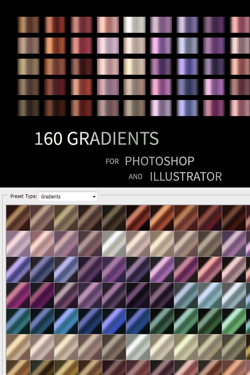 160 Gradients for Photoshop and AI pinterest preview image.