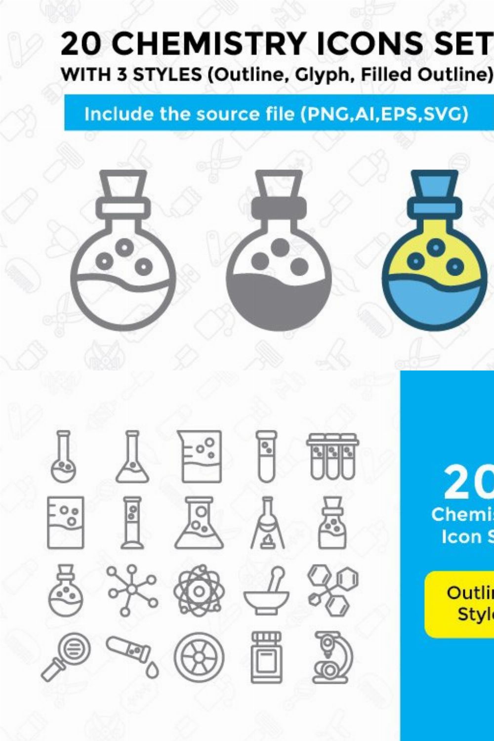 20 Chemistry Icon Set With 3 Styles pinterest preview image.