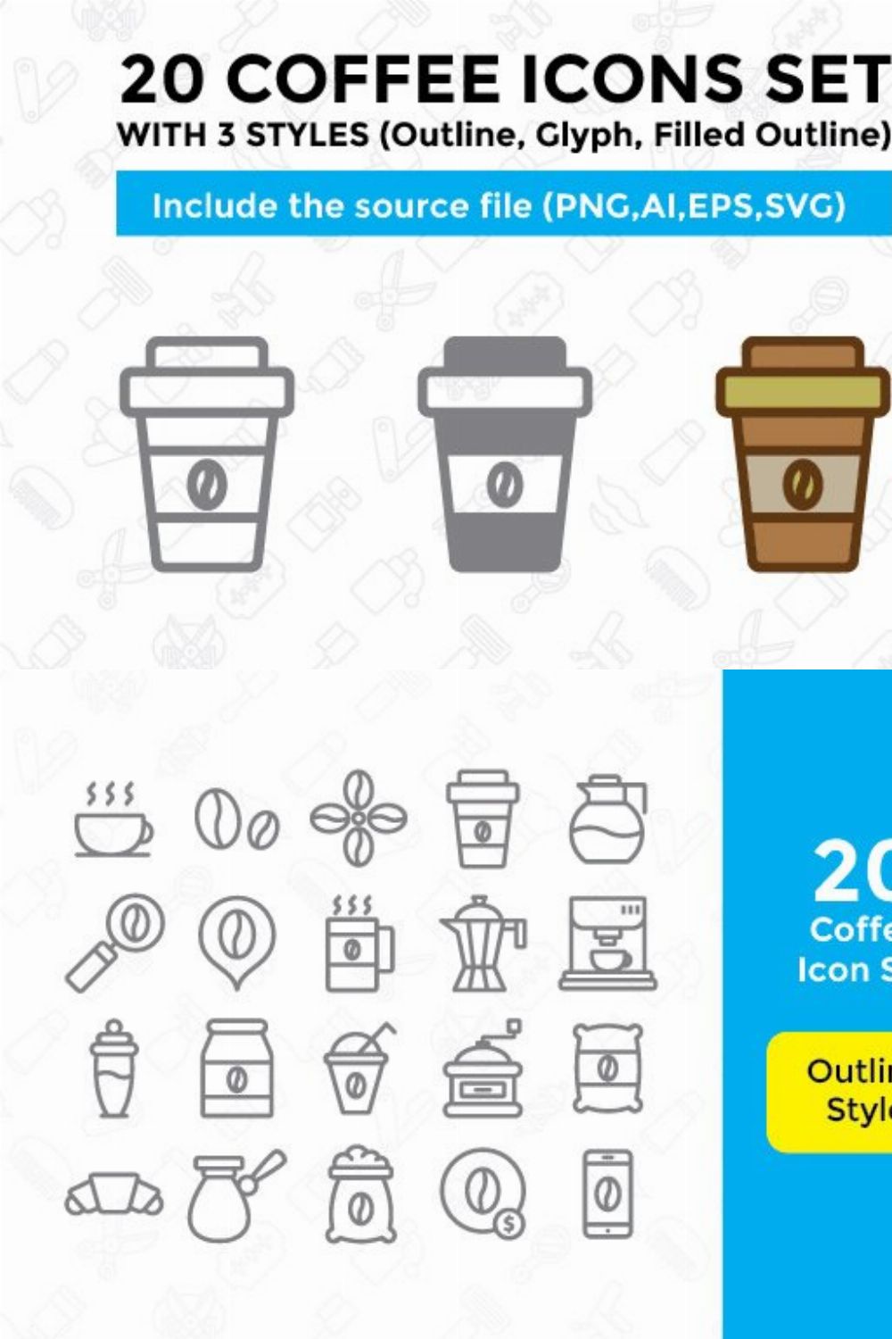 20 Coffee Icon Set With 3 Styles pinterest preview image.