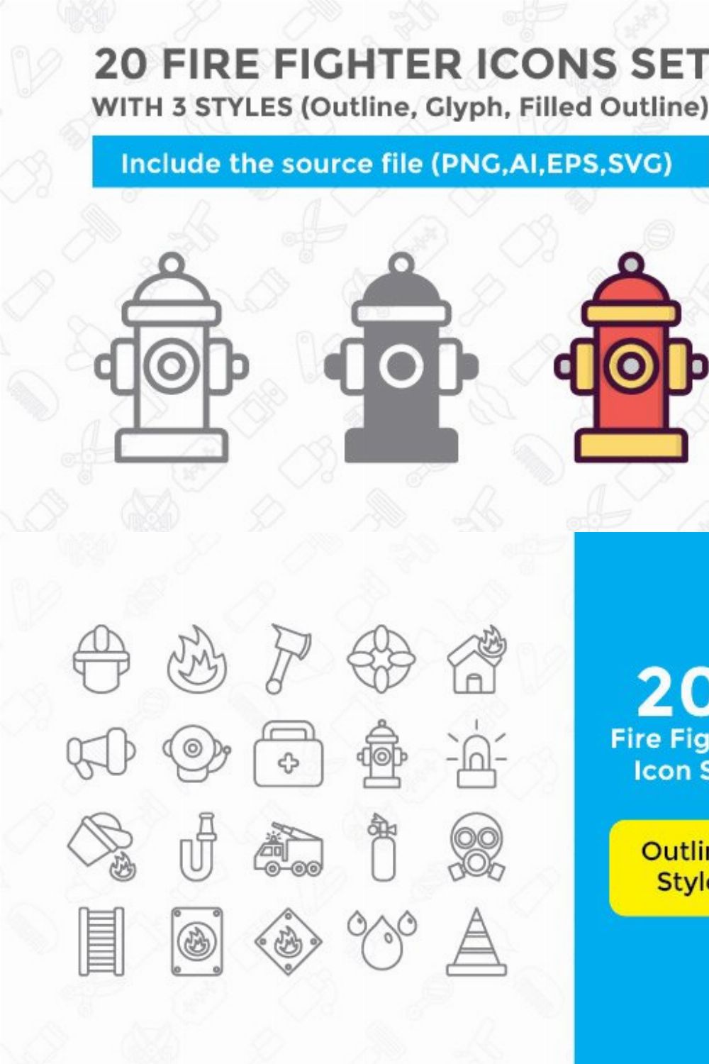 20 FireFighter Icon With 3 Styles pinterest preview image.