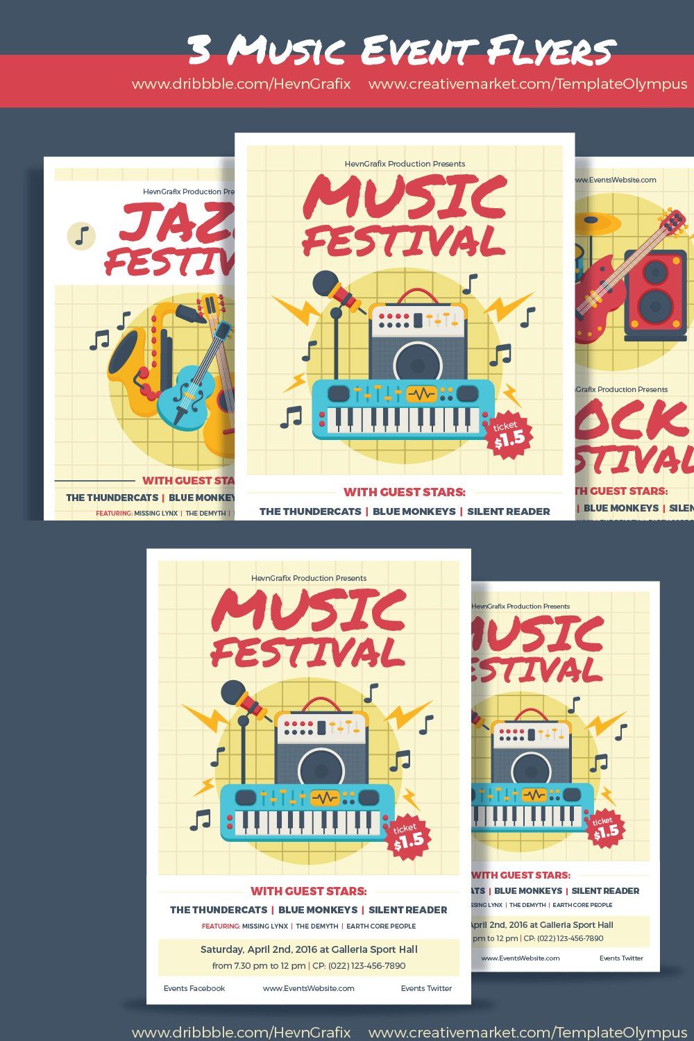 3 Music Event Flyers pinterest preview image.