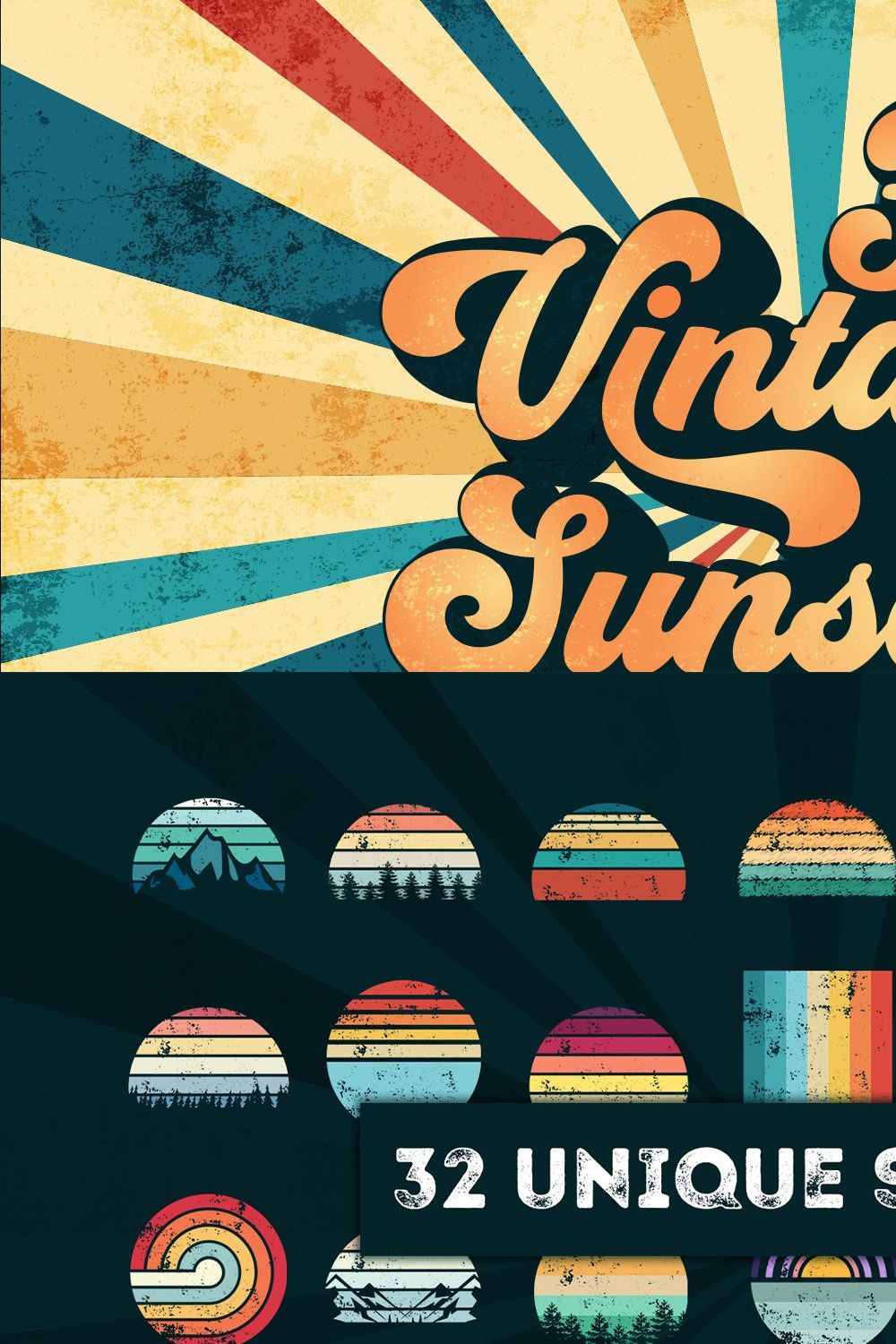 32 Vintage Sunset Bundle SVG PNG PDF pinterest preview image.