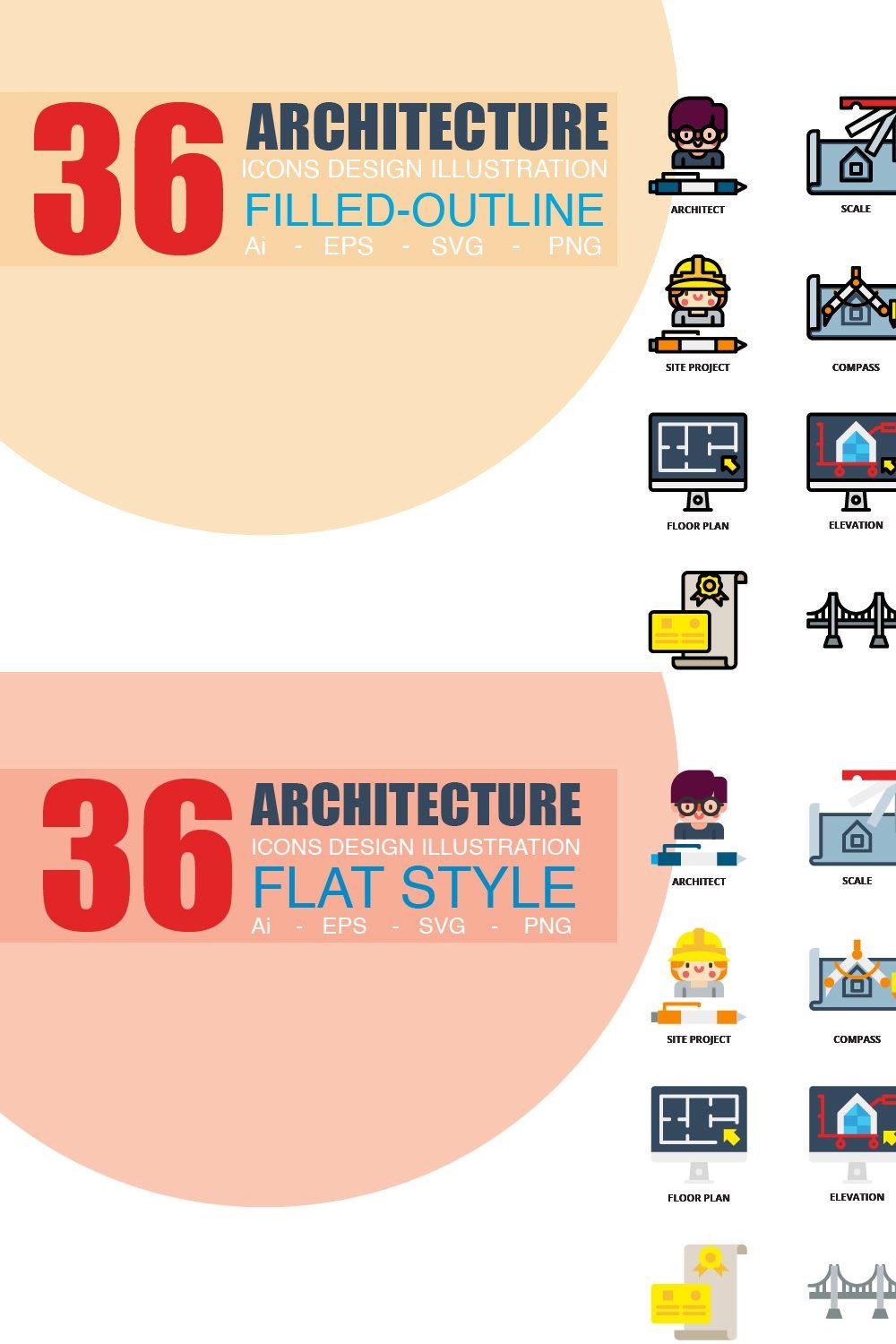 36 Architecture icons set x 3 style pinterest preview image.