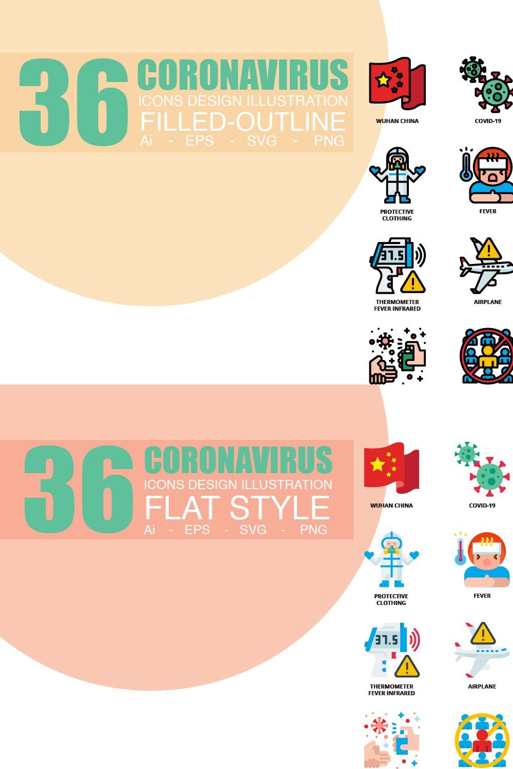 36 Coronavirus icons set x 3 Style pinterest preview image.