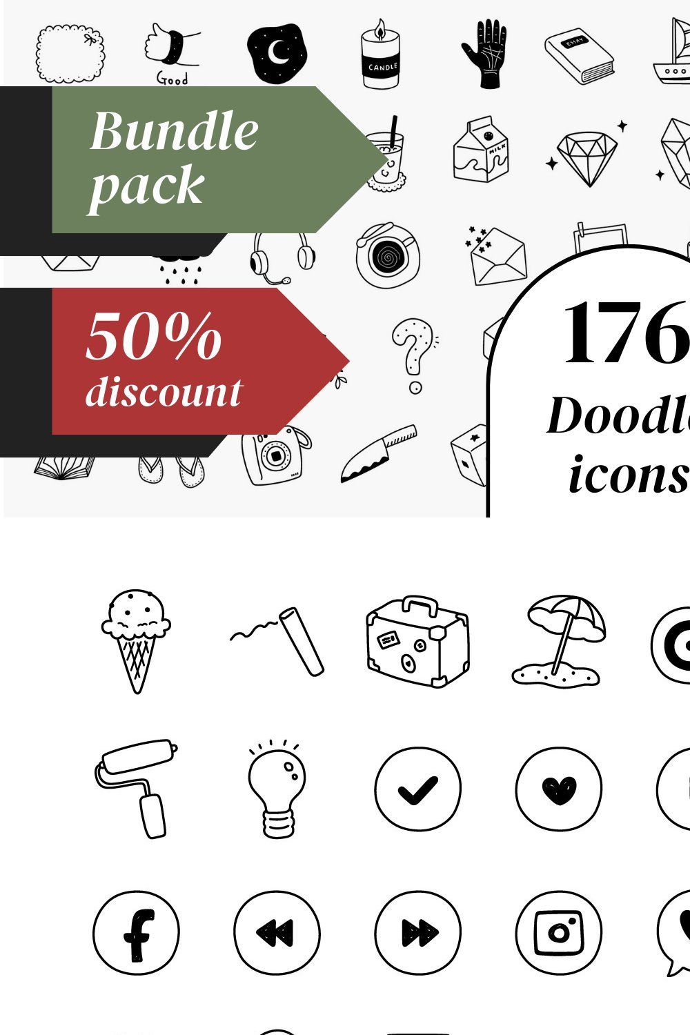 [50%] 176 black & white icons bundle pinterest preview image.