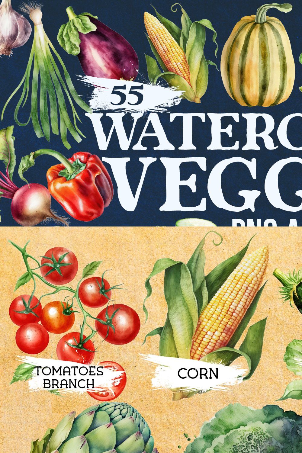 55 Vegetables Watercolor Clipart PNG pinterest preview image.