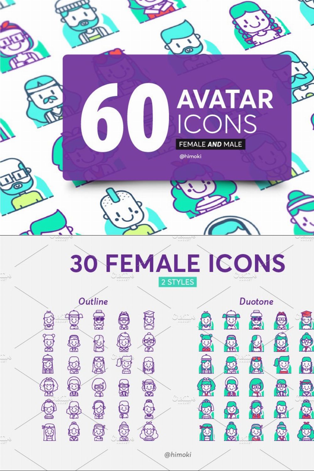 60 avatar icons Duotone-boy and girl pinterest preview image.