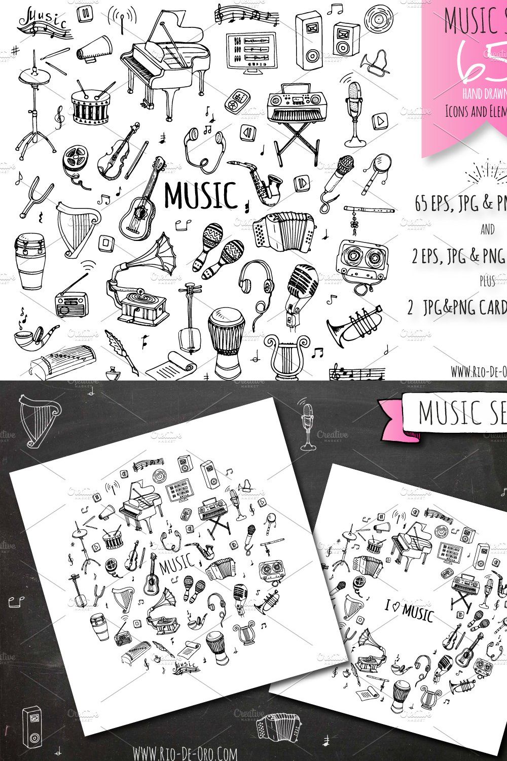 65 Music hand drawn elements set! pinterest preview image.