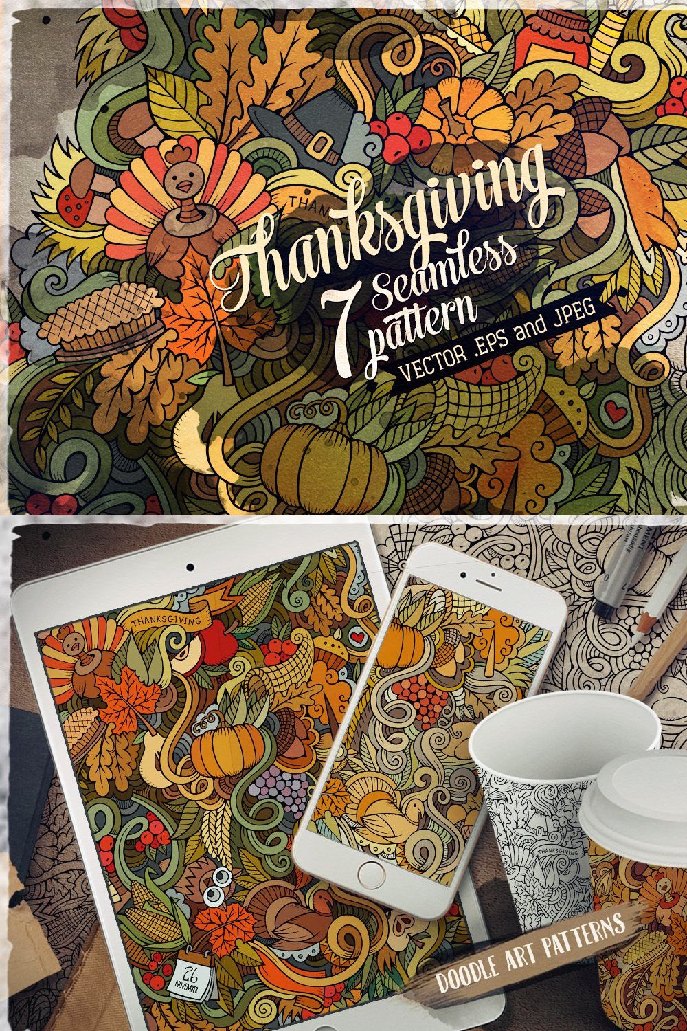 7 Thanksgiving Seamless Pattern pinterest preview image.