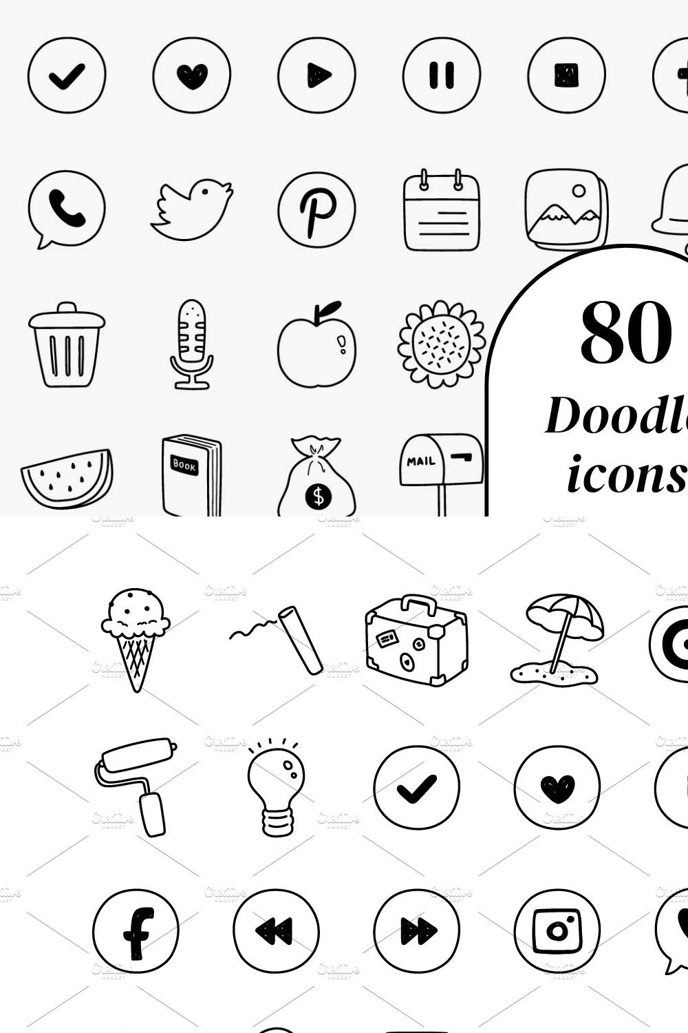 80 doodle icons set pinterest preview image.