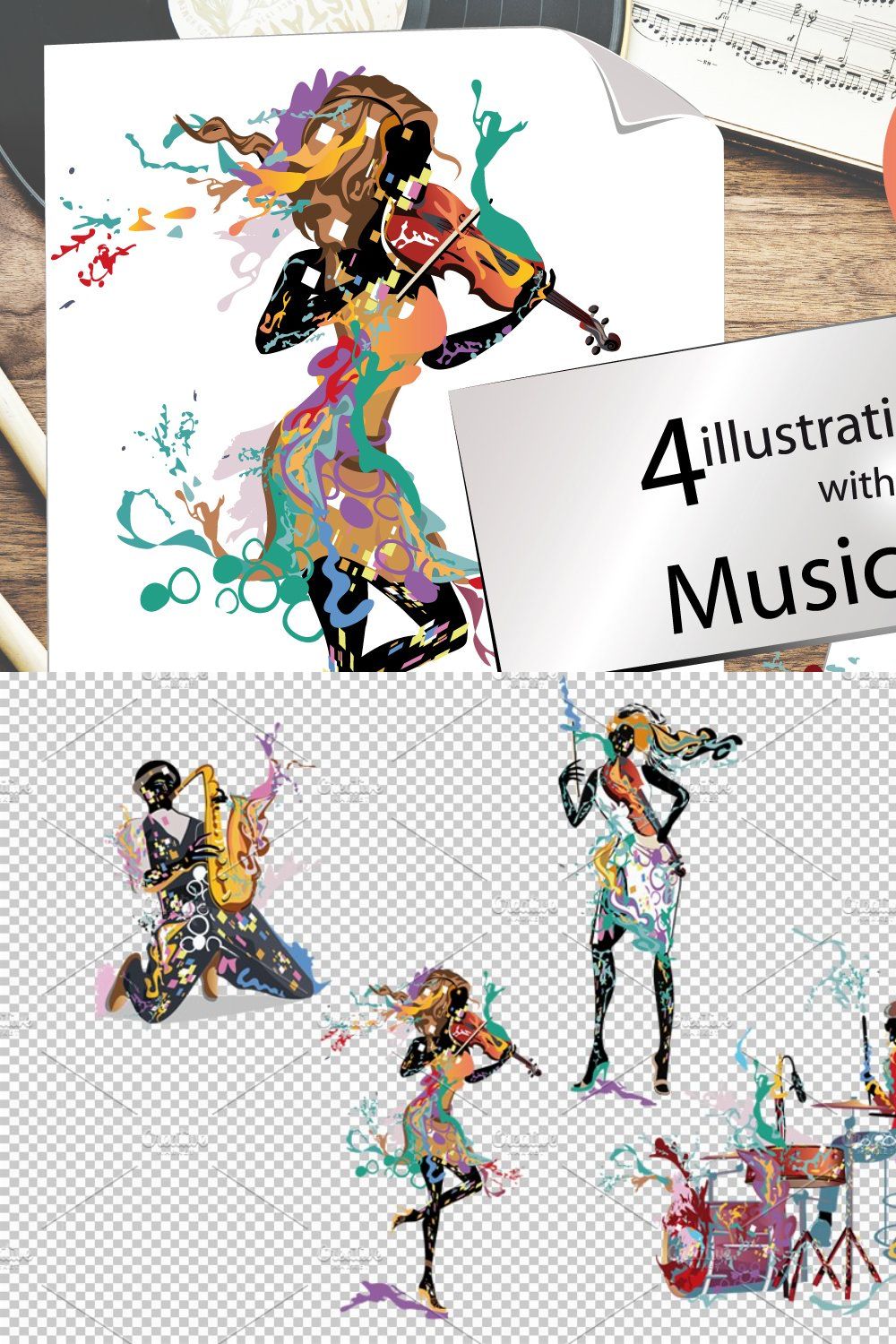 Abstract colorful musicians. pinterest preview image.