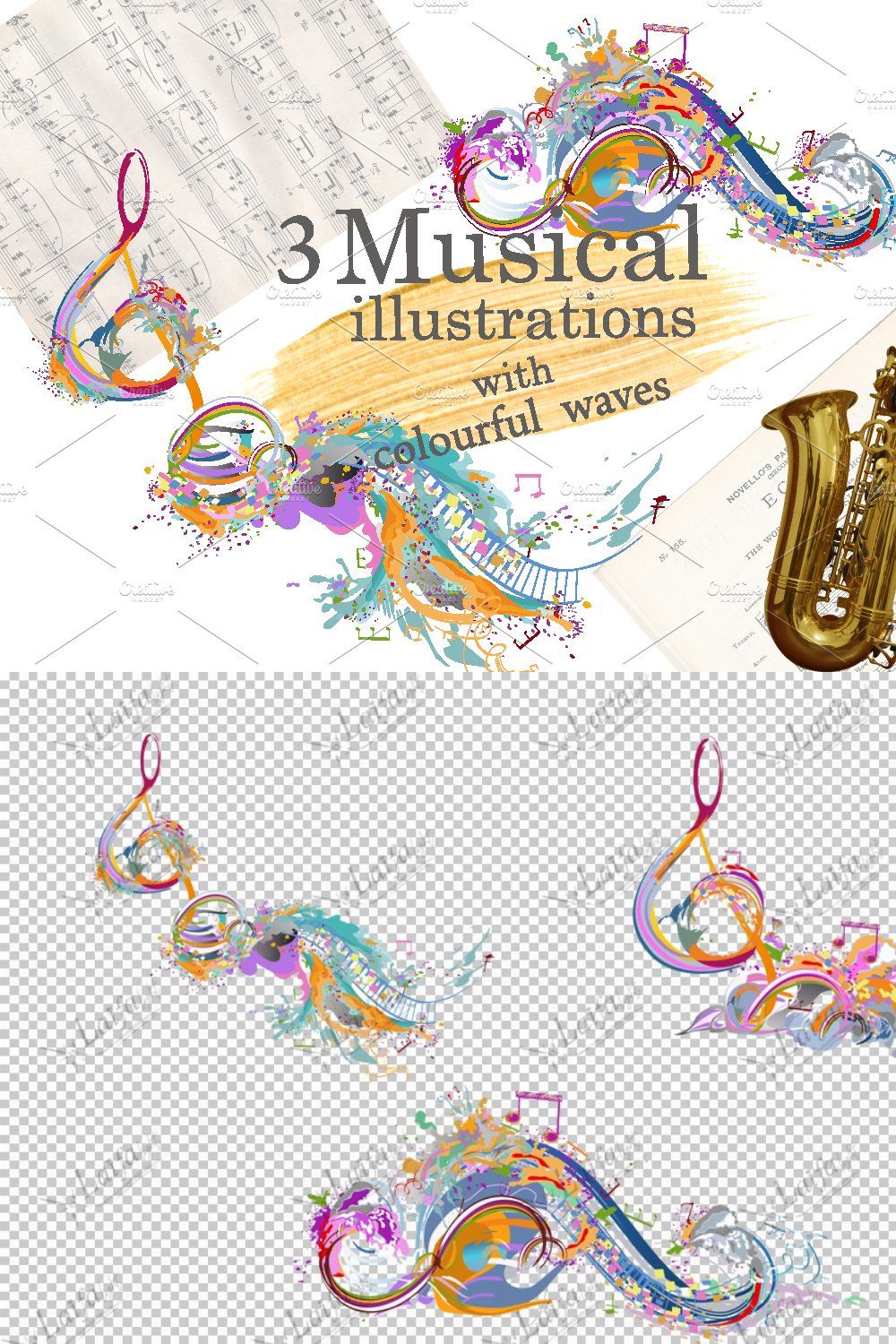 Abstract treble clefs with musical w pinterest preview image.