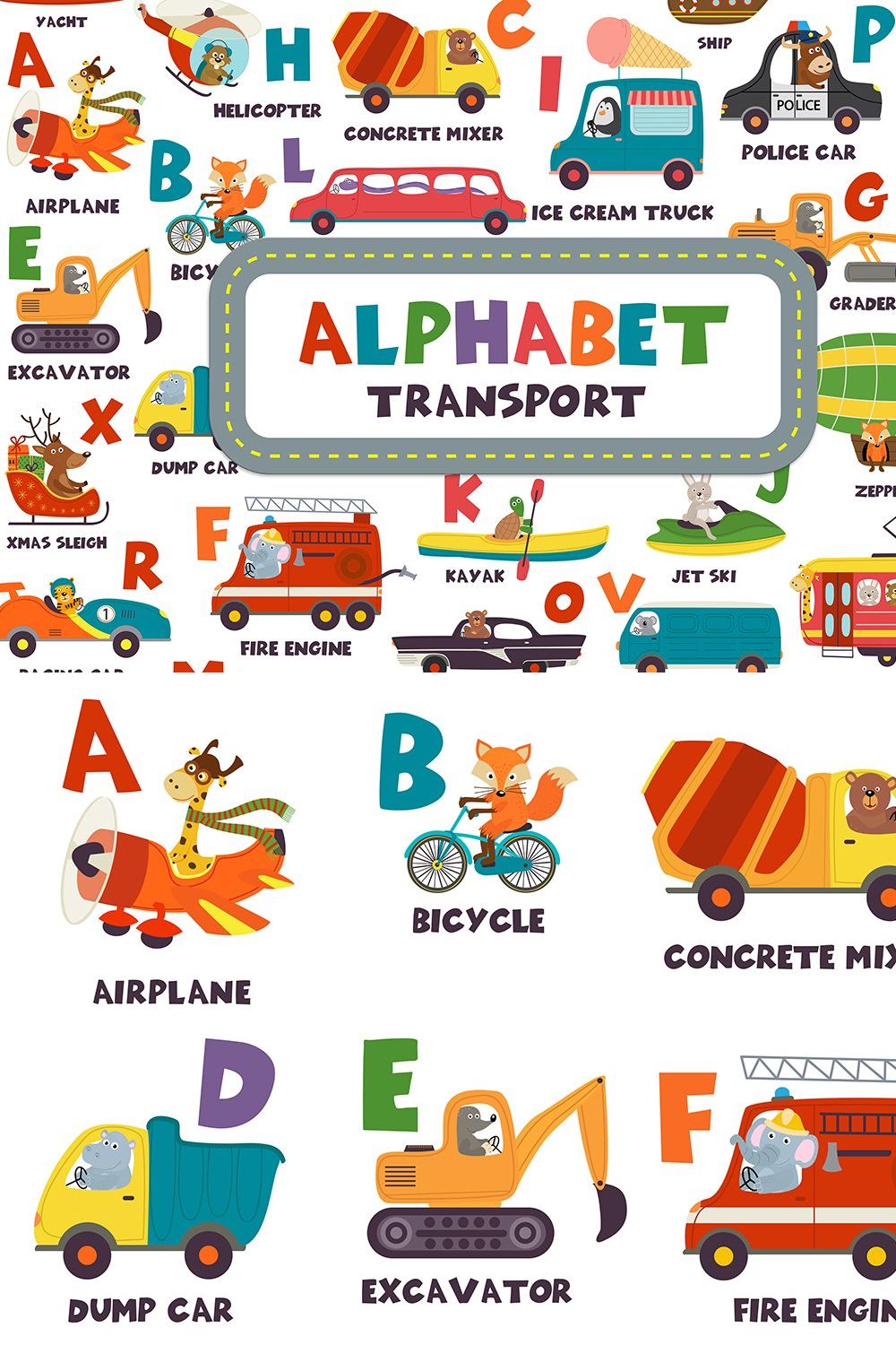 alphabet with transport and animals pinterest preview image.