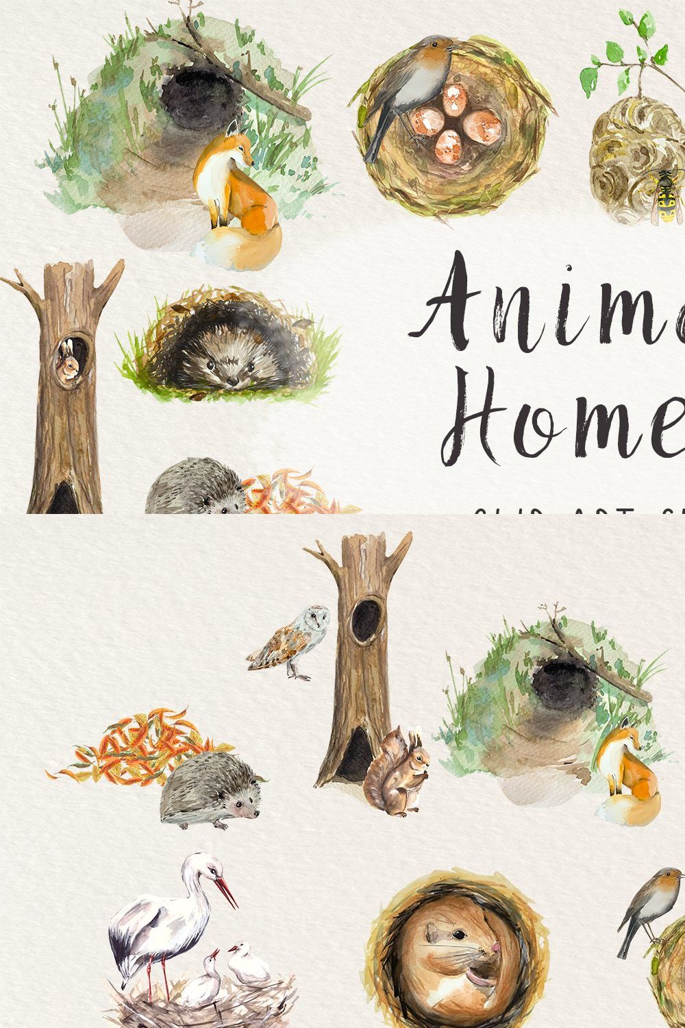 Animal Homes - Watercolor Clip Arts pinterest preview image.