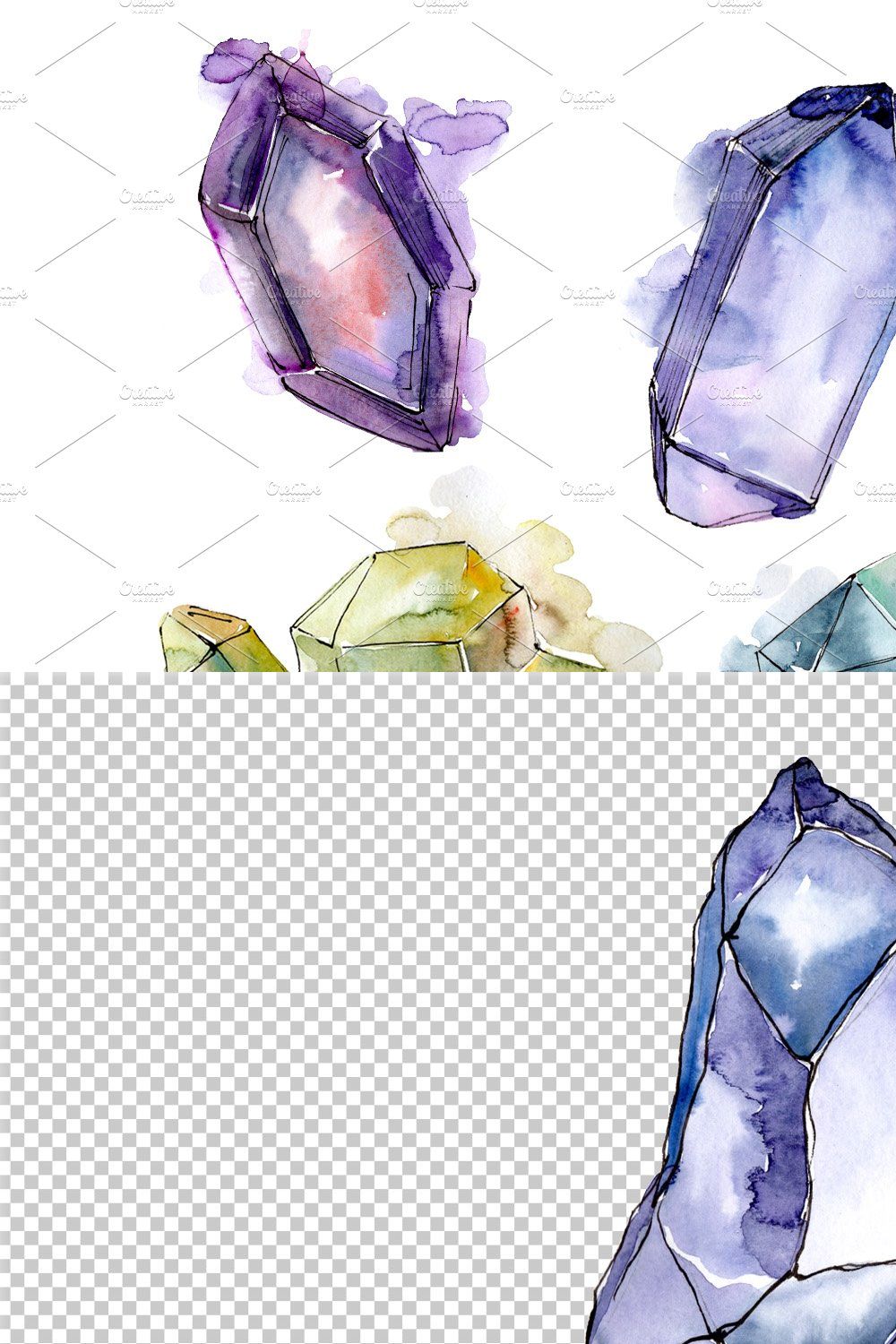 Aquarelle crystals mineral PNG set pinterest preview image.