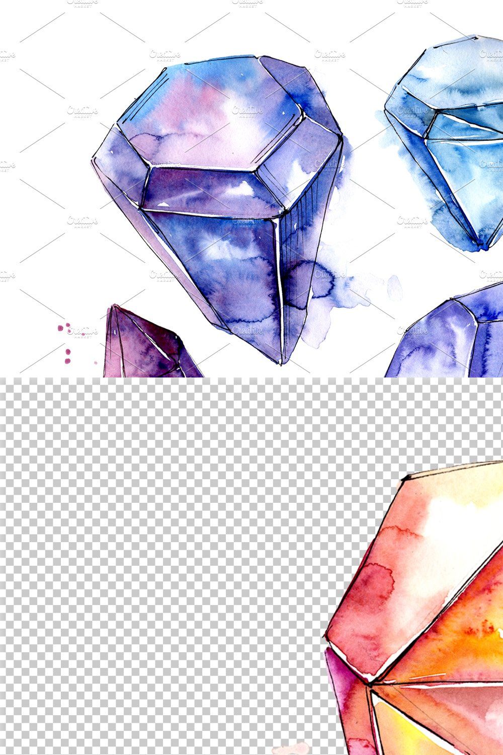 Aquarelle geometric crystal PNG set pinterest preview image.