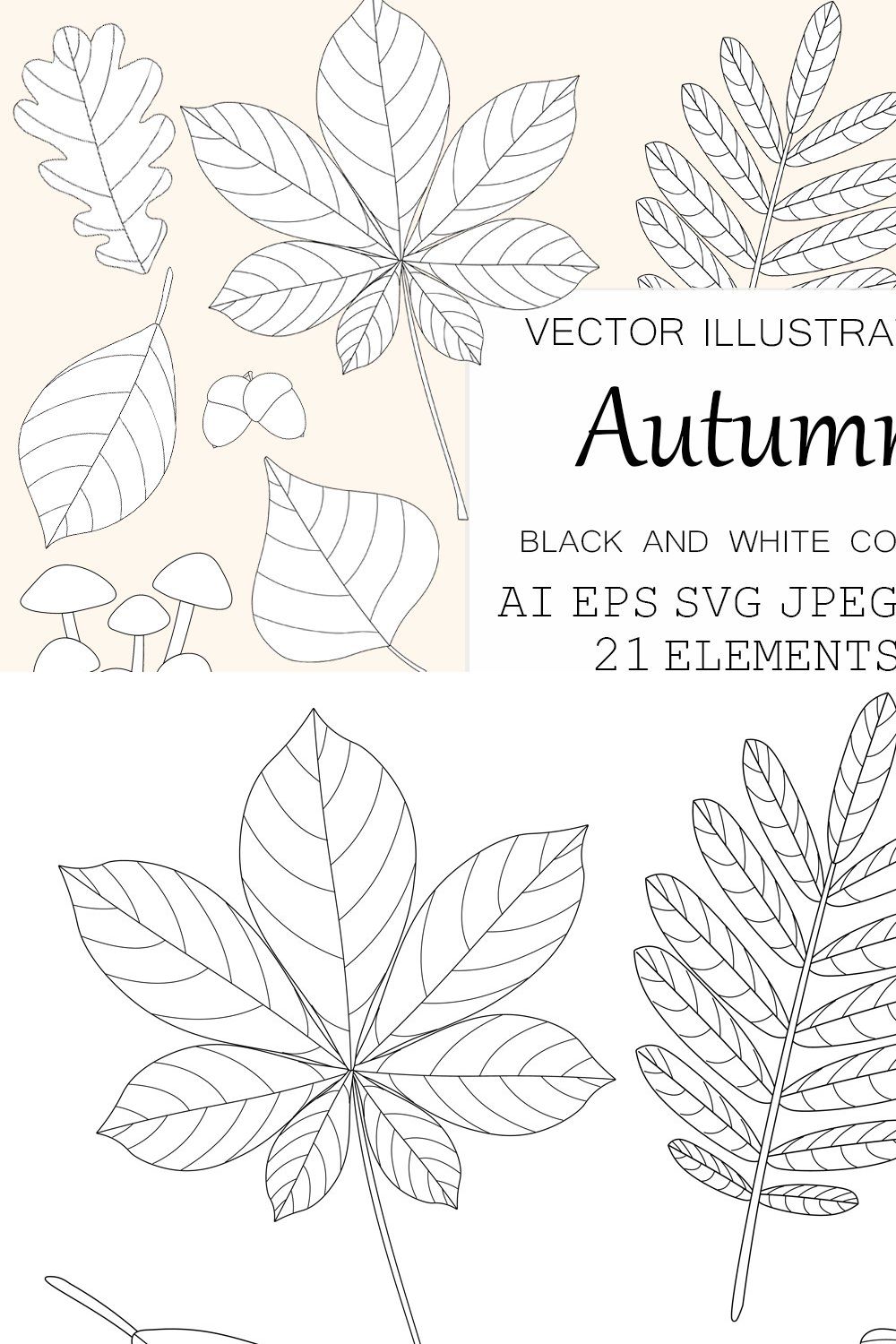 Autumn black and white coloring. pinterest preview image.