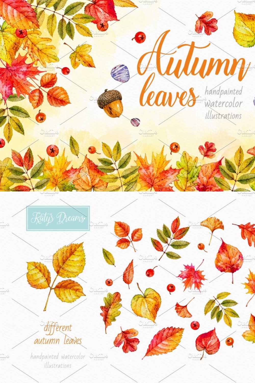 Autumn leaves. Watercolor collection pinterest preview image.