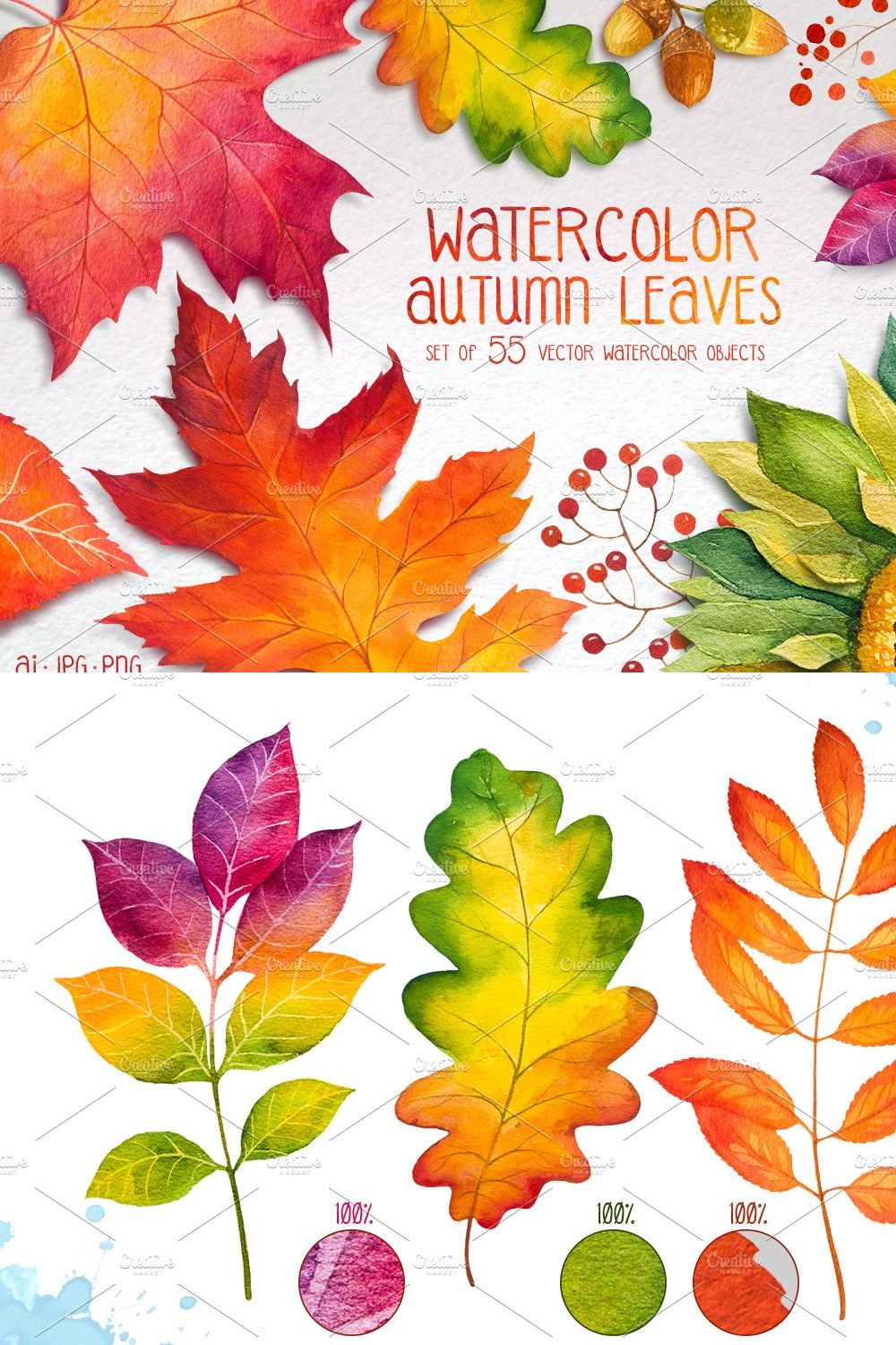 Autumn leaves. Watercolor set. pinterest preview image.
