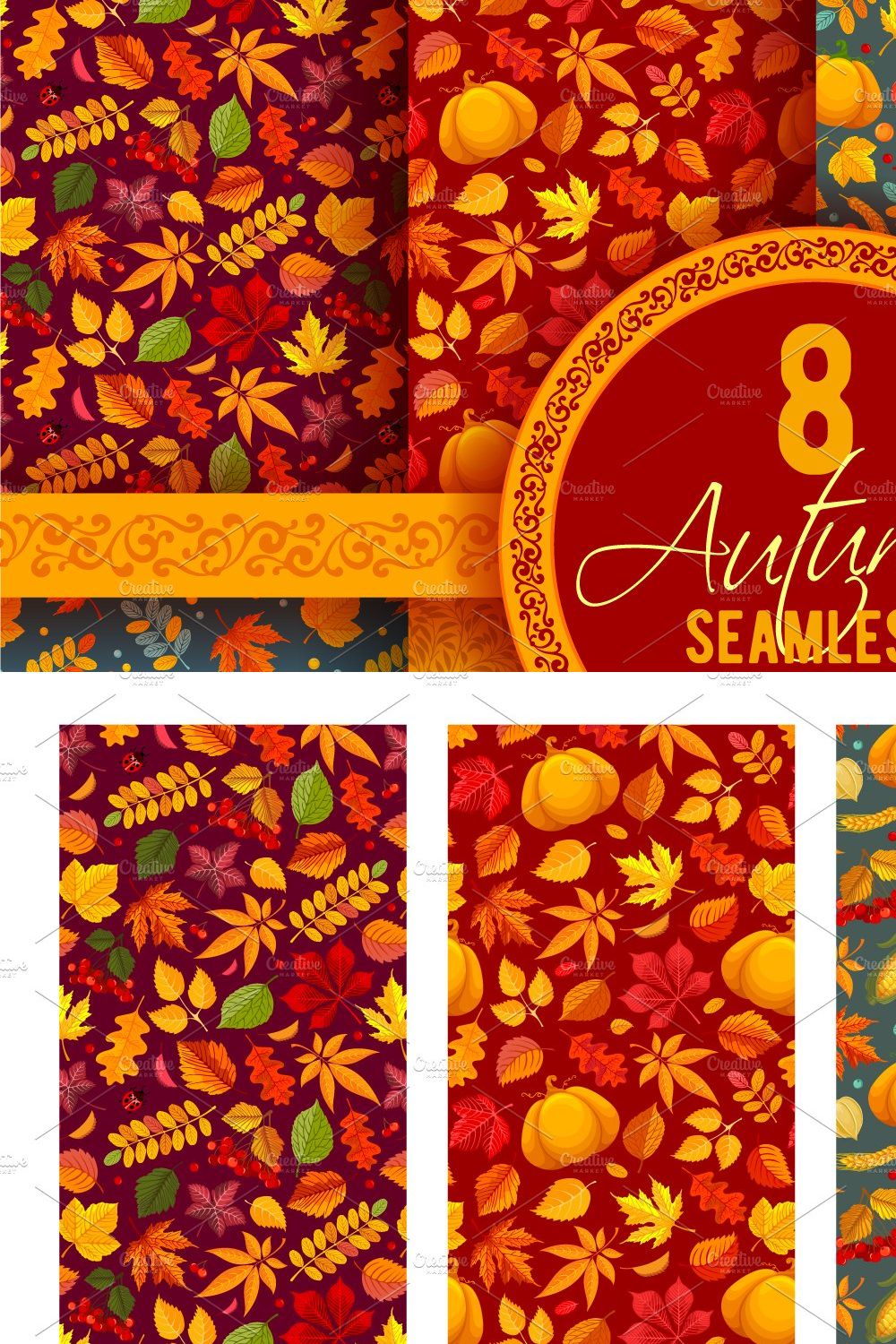 Autumn Seamless Patterns Set pinterest preview image.