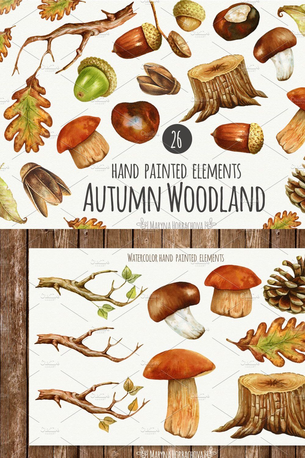 Autumn watercolor woodland set. pinterest preview image.