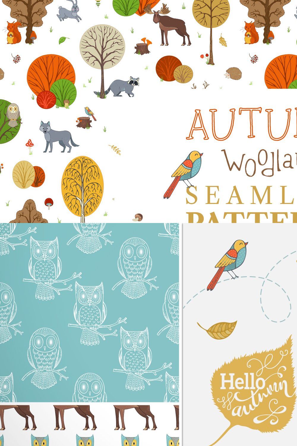 Autumn Woodland Seamless Patterns pinterest preview image.