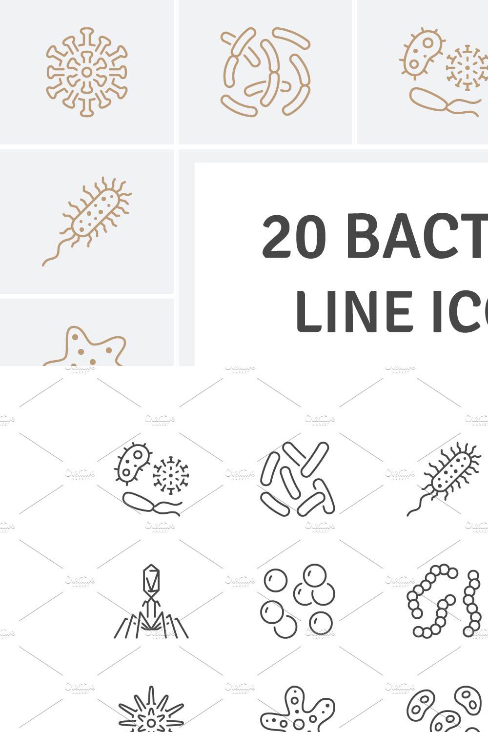 Bacteria Line Icons pinterest preview image.