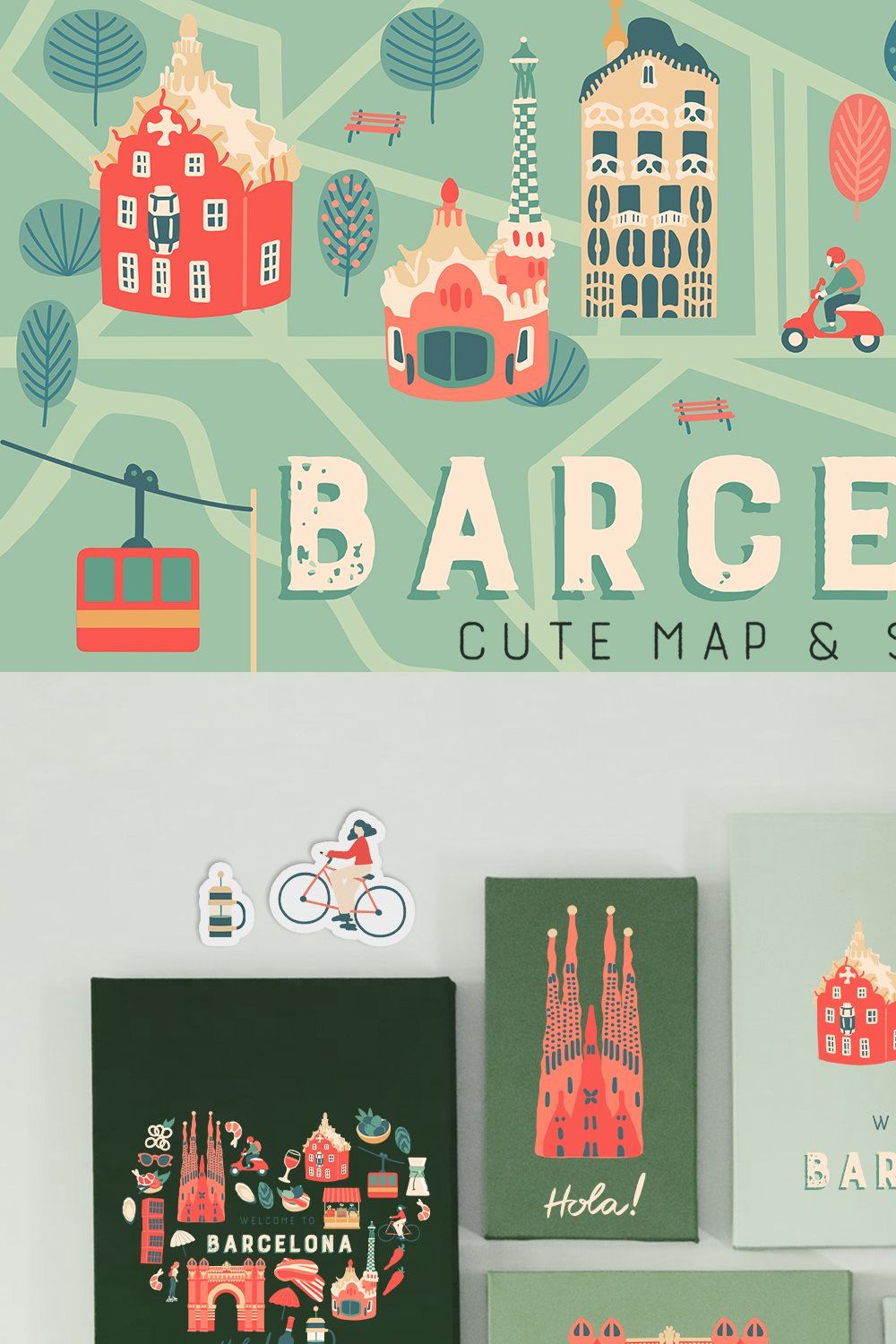 Barcelona. Cute map and stickers pinterest preview image.