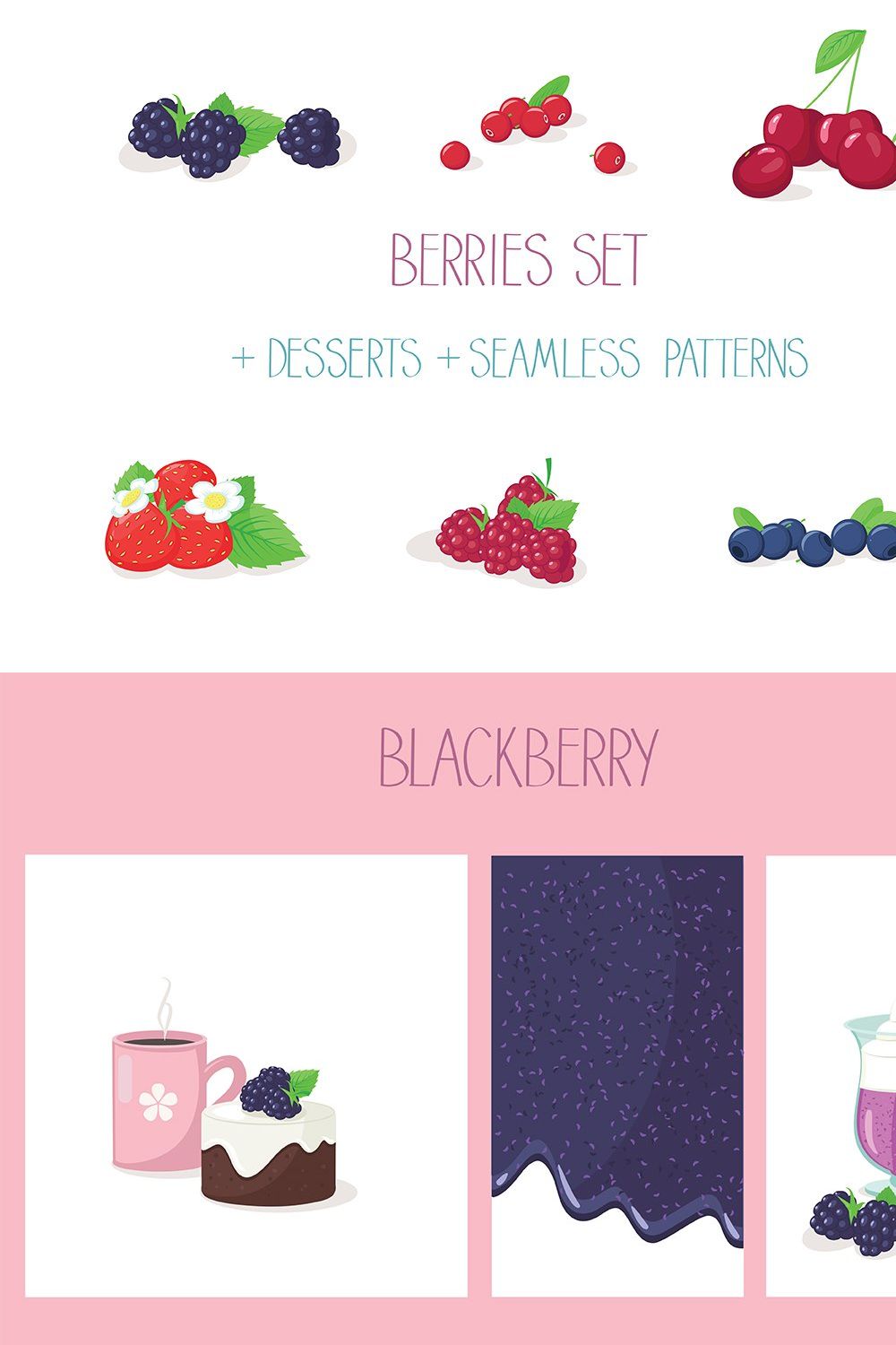Berries set with desserts & patterns pinterest preview image.