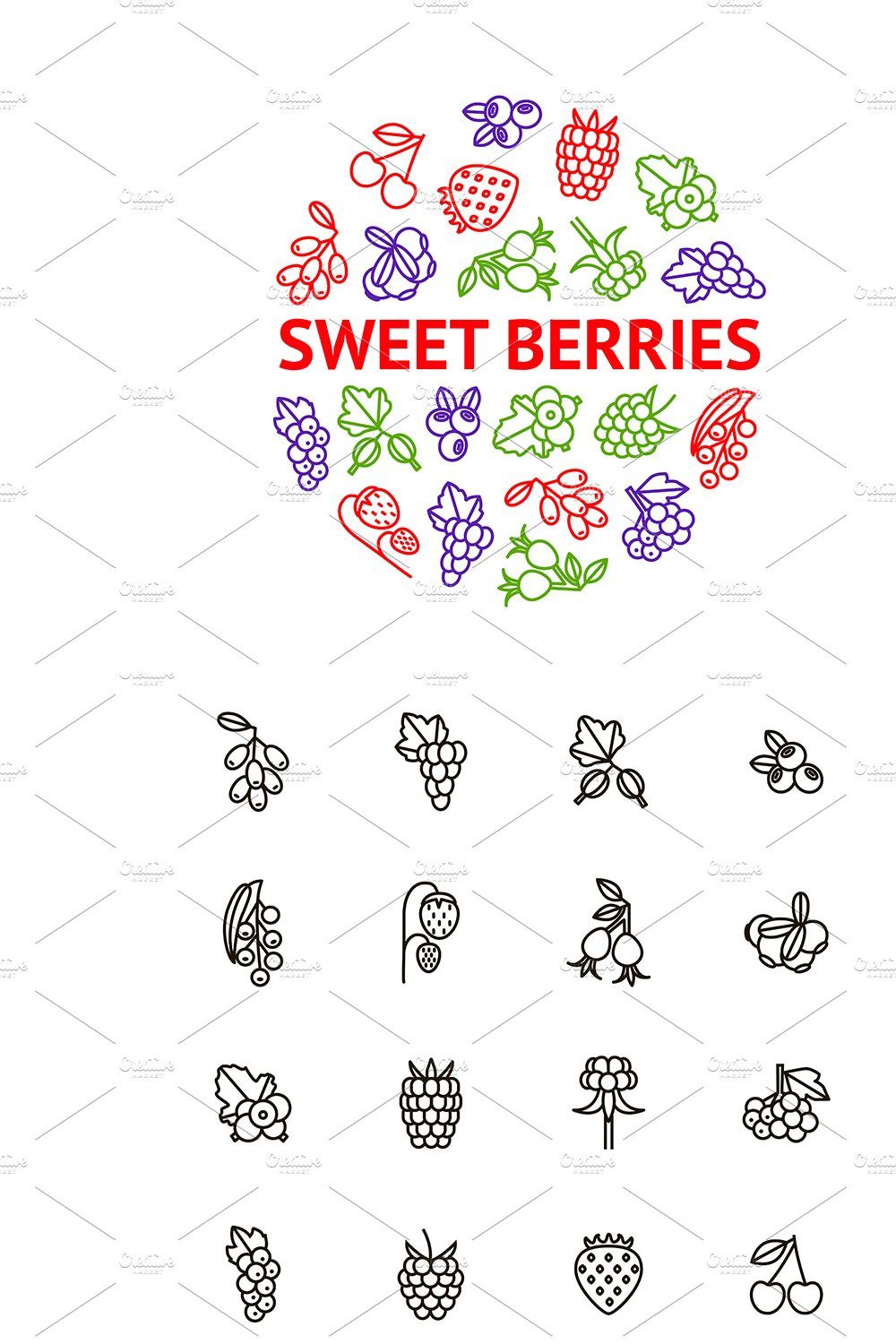 Berries Thin Line Set. Vector pinterest preview image.