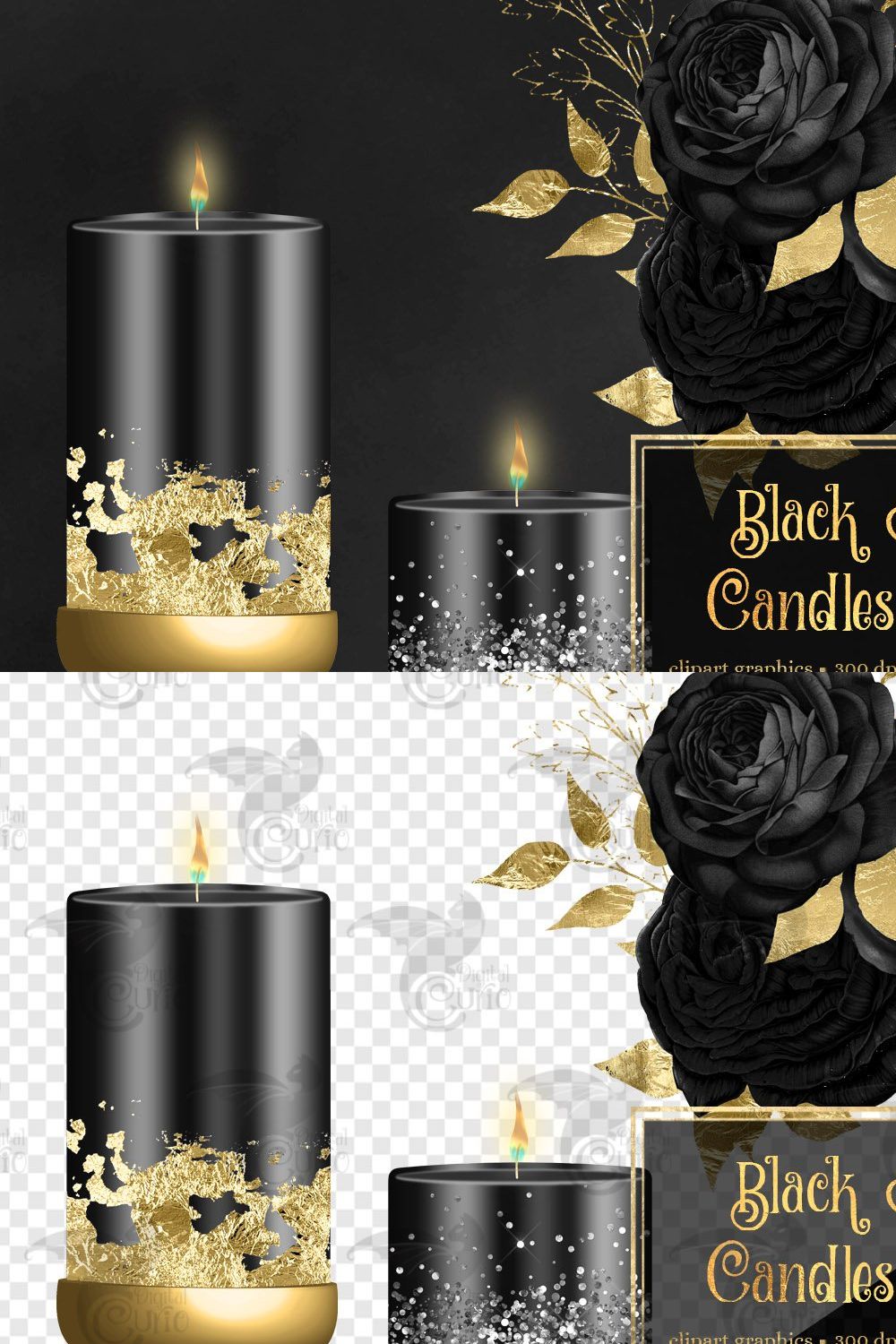 Black and Gold Candle Clipart pinterest preview image.