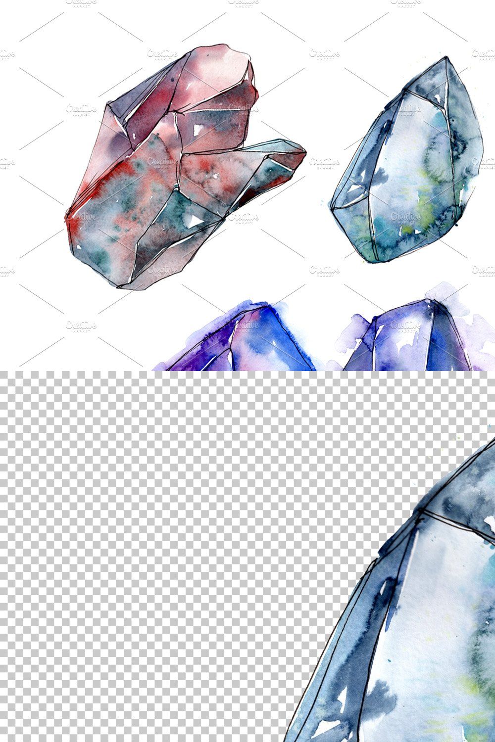 Blue mineral PNG watercolor set pinterest preview image.