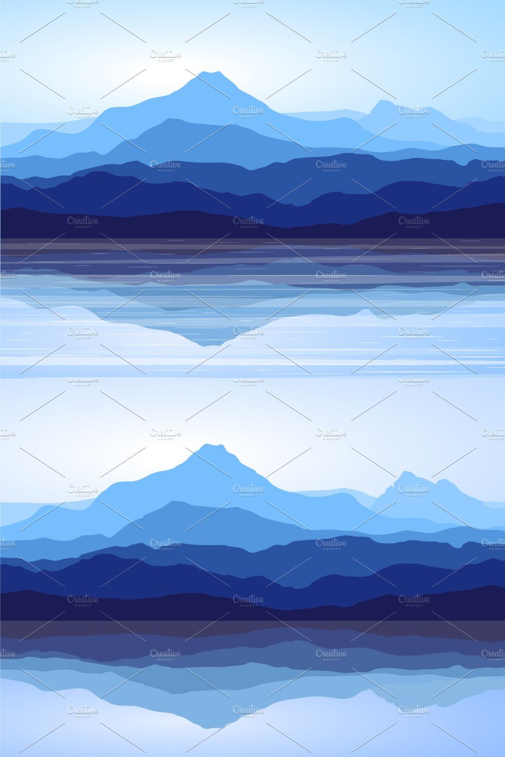 Blue Mountains and Sea. Vector. pinterest preview image.