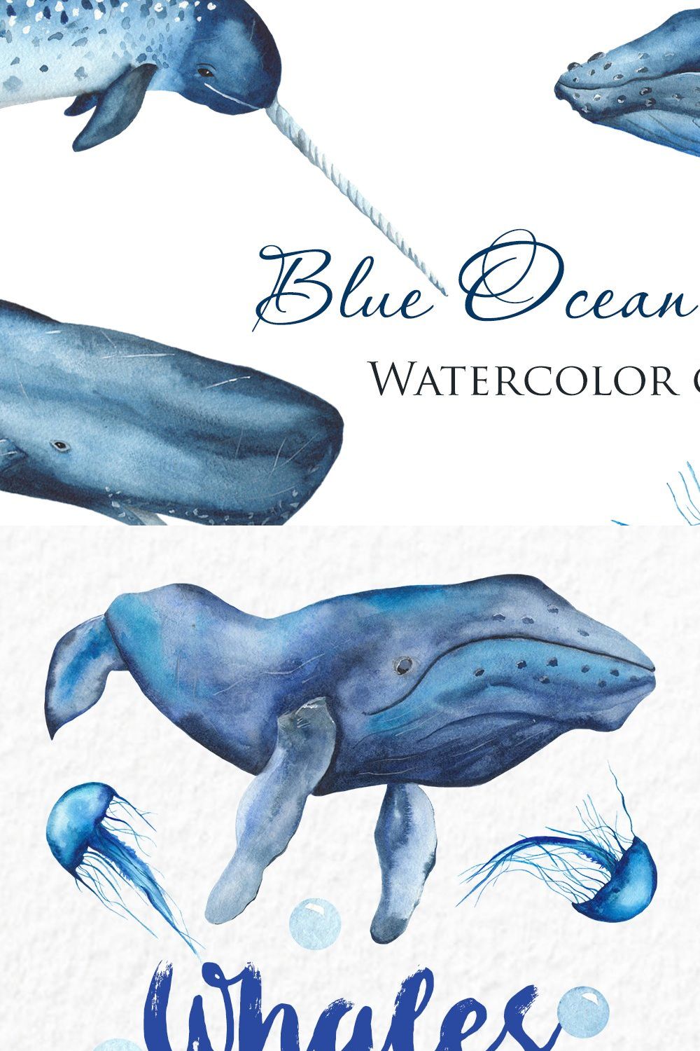 Blue Ocean Mammals. Watercolor. pinterest preview image.