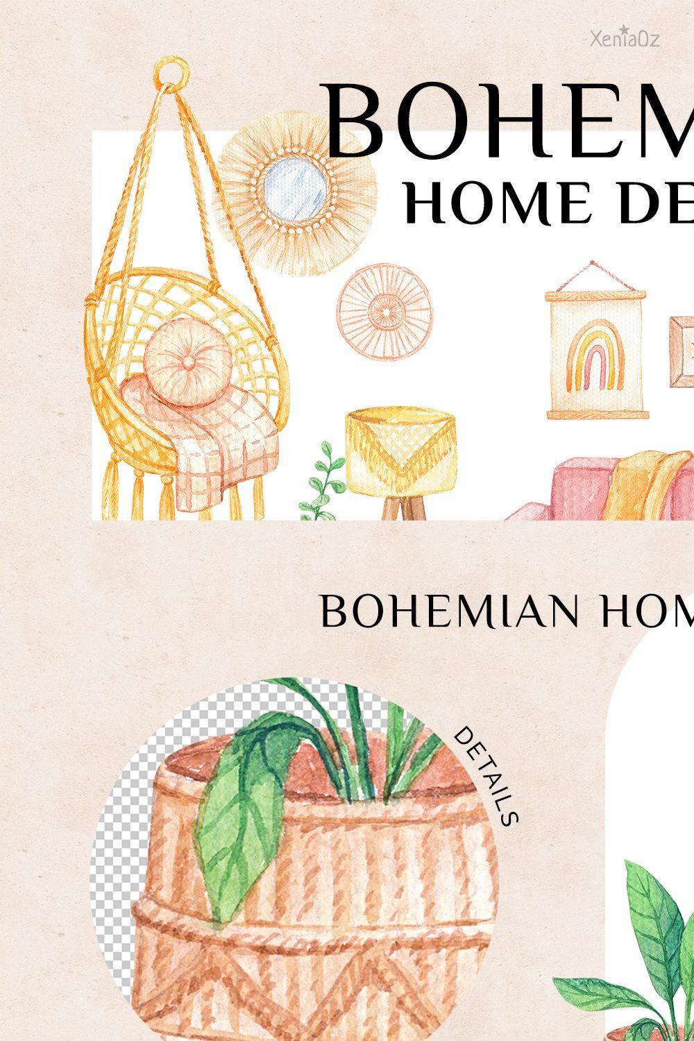 Bohemian Home Set Watercolor clipart pinterest preview image.