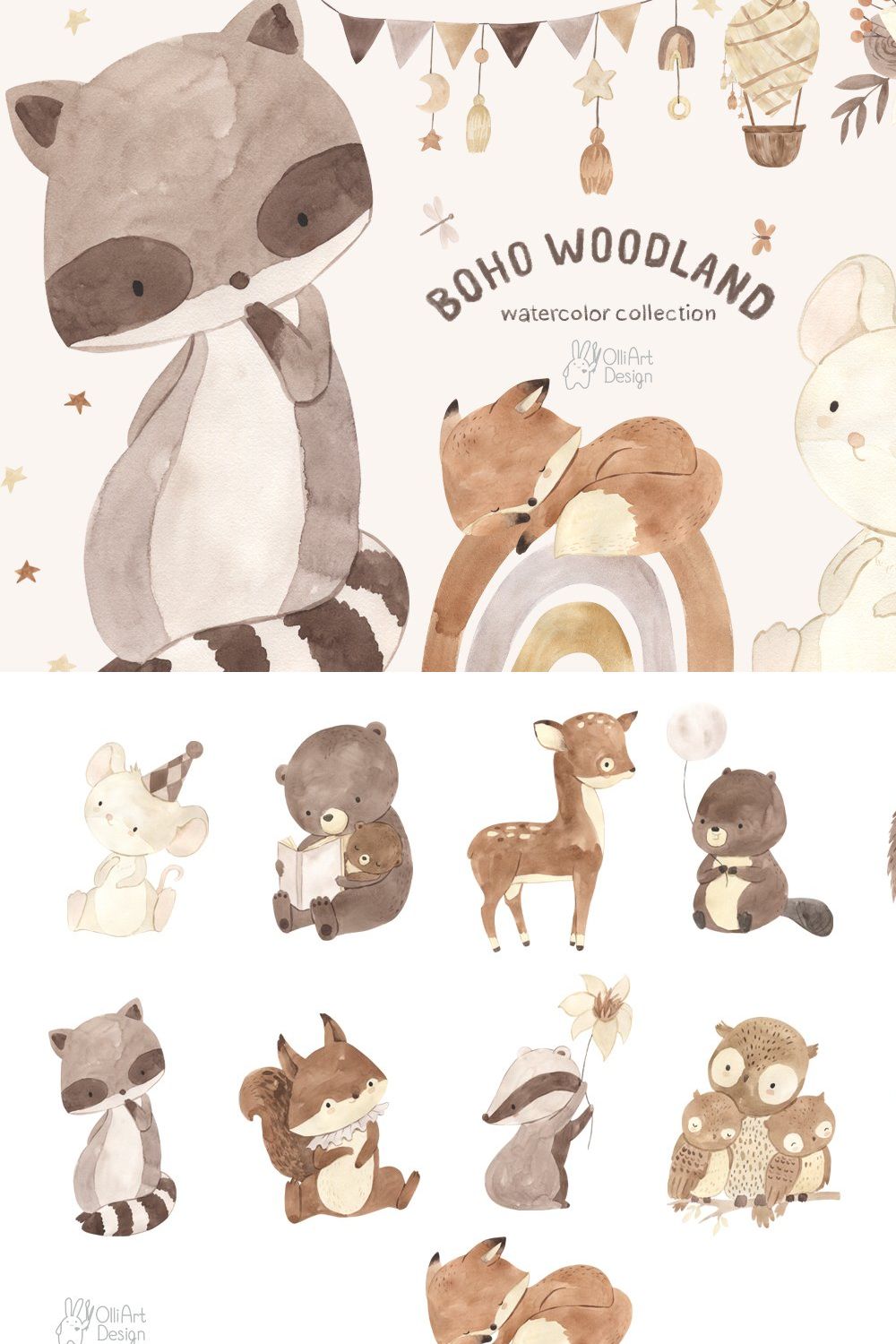 BOHO WOODLAND animals. Watercolor pinterest preview image.
