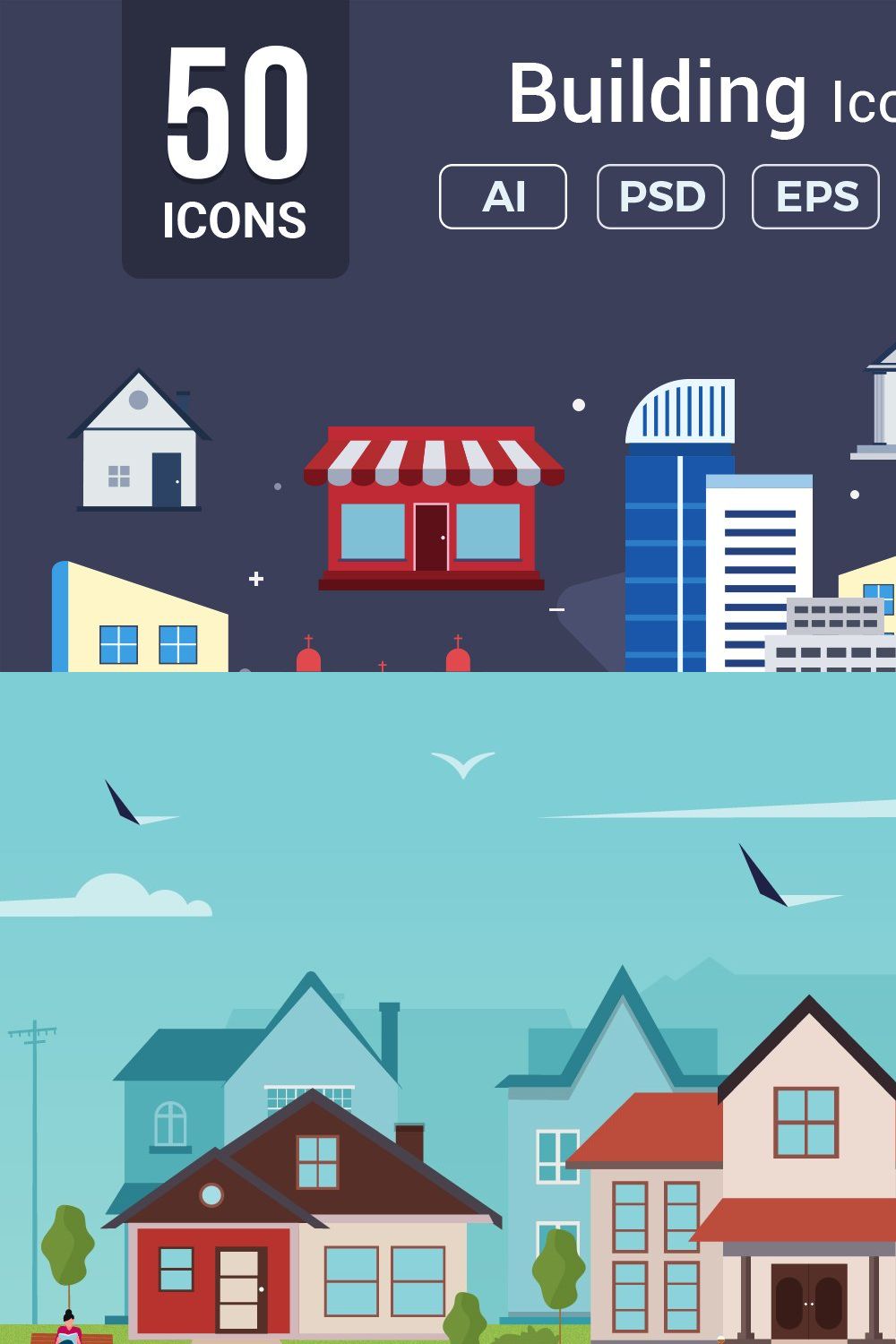 Buildings Vector Icons V2 pinterest preview image.