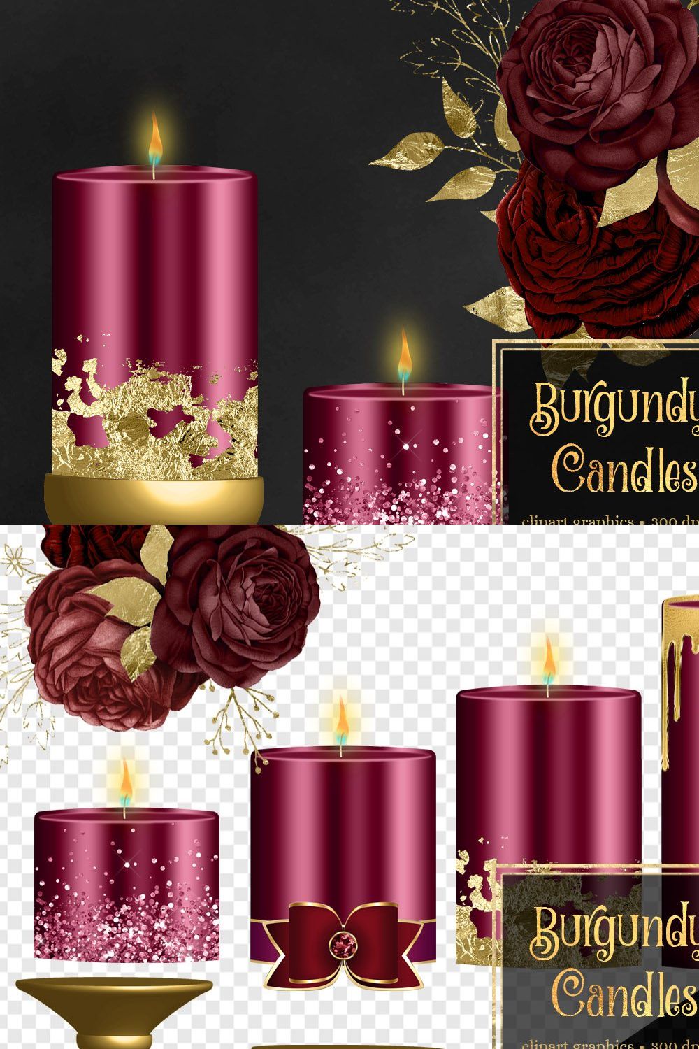 Burgundy and Gold Candle Clipart pinterest preview image.