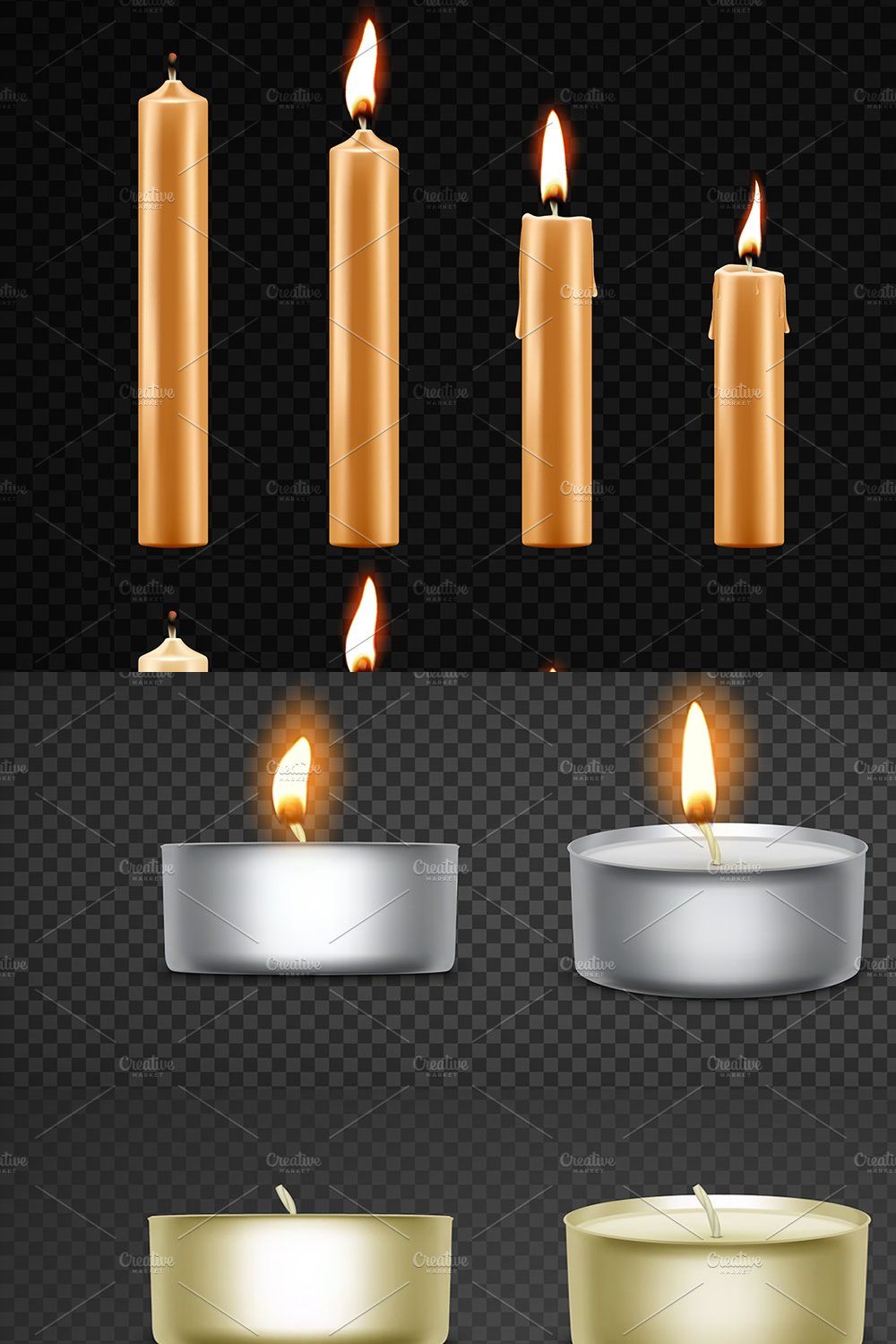 Burning candles, tea candles. Vector pinterest preview image.