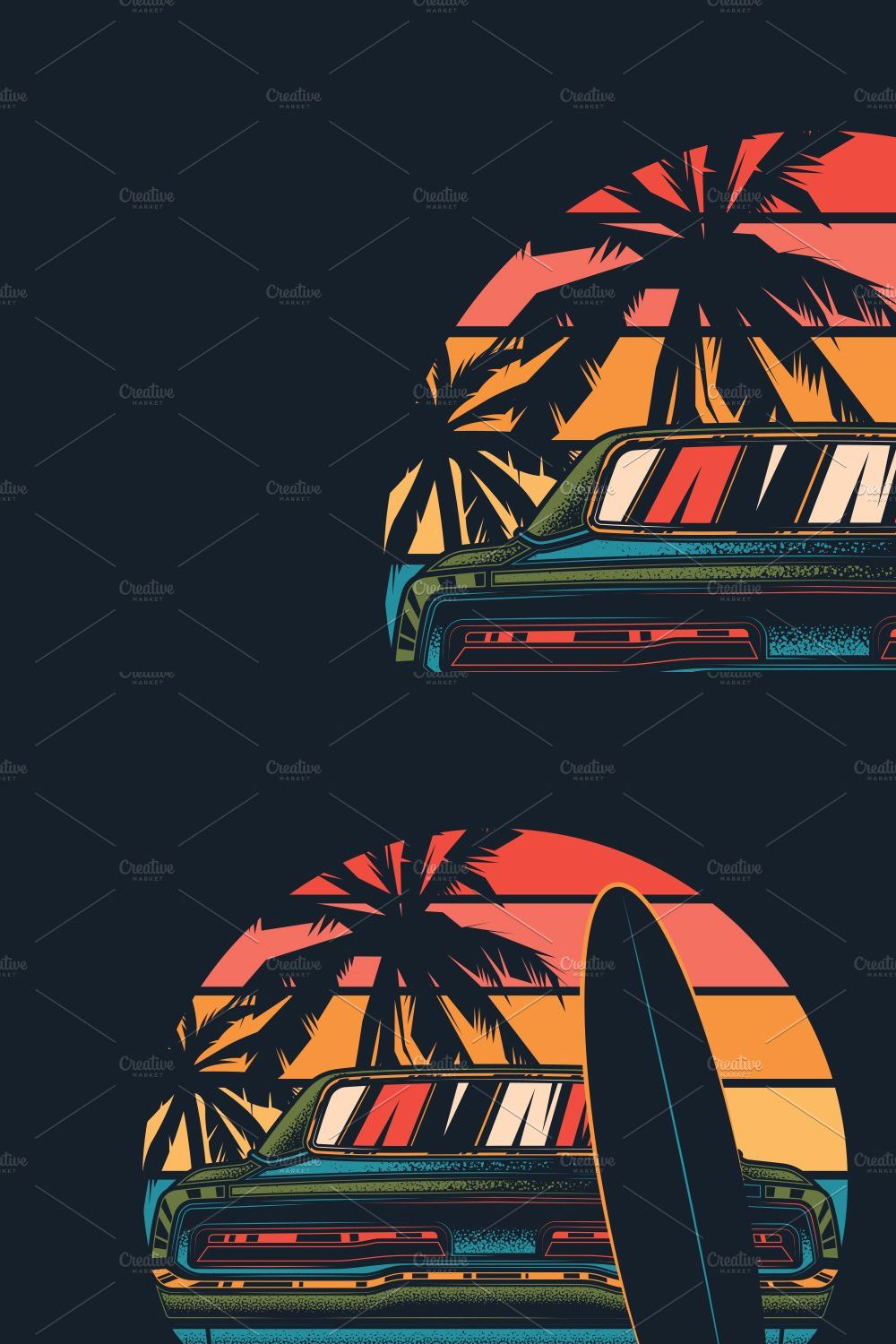CAR AND SURF SUNSET T-SHIRT DESIGN pinterest preview image.